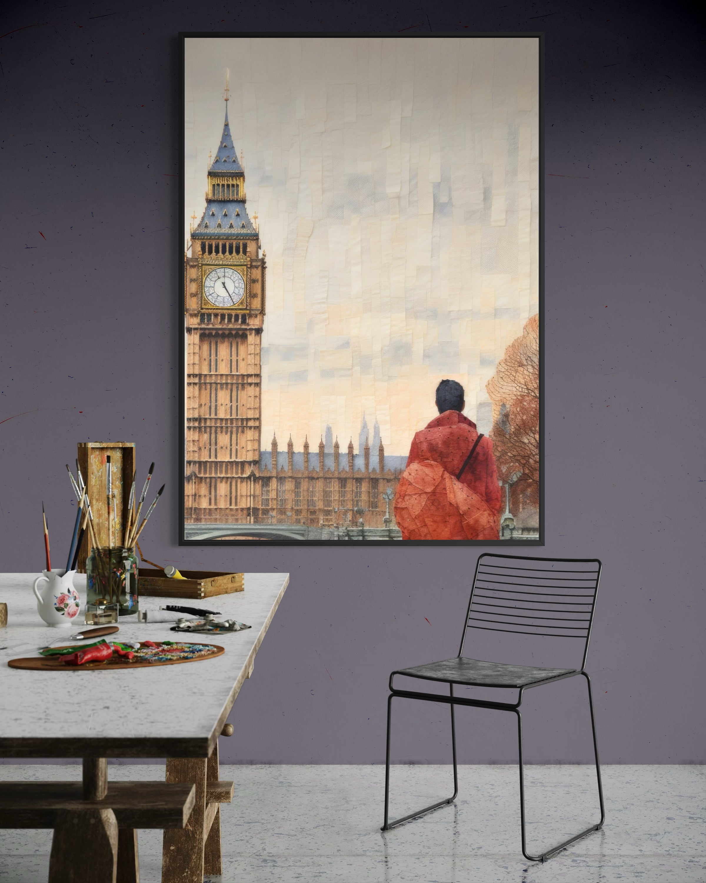 London dreams con cornice nera e Big Ben, figure in rosso su cielo chiaro
