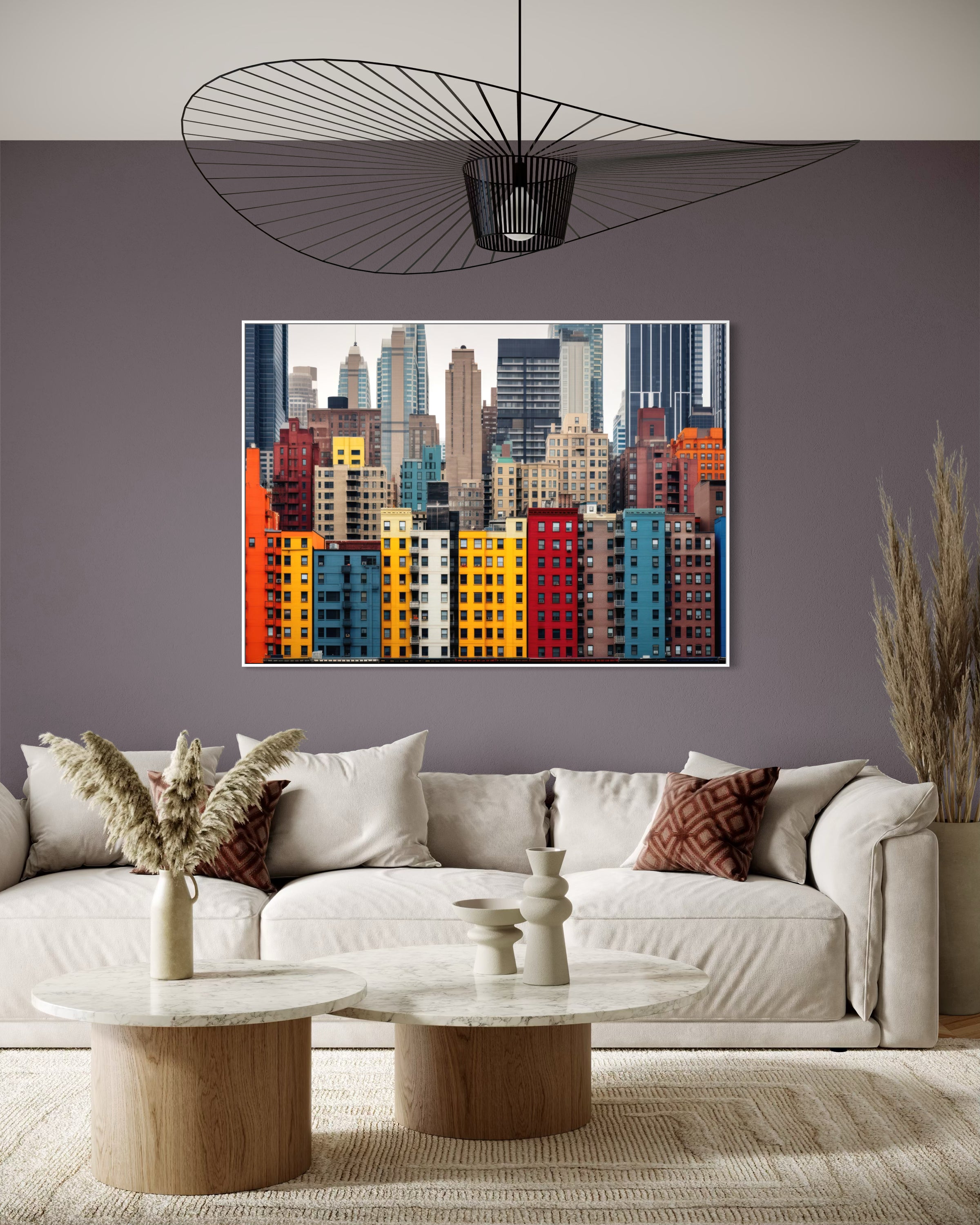 Framed colorful city skyline print with tall buildings and varied facades