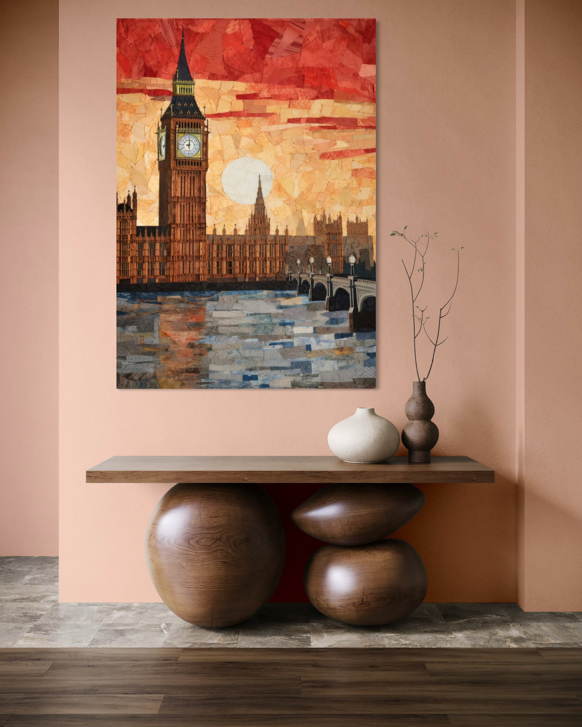 Cielo londinese, stampa verticale con Big Ben e skyline, toni caldi rosso-dorati