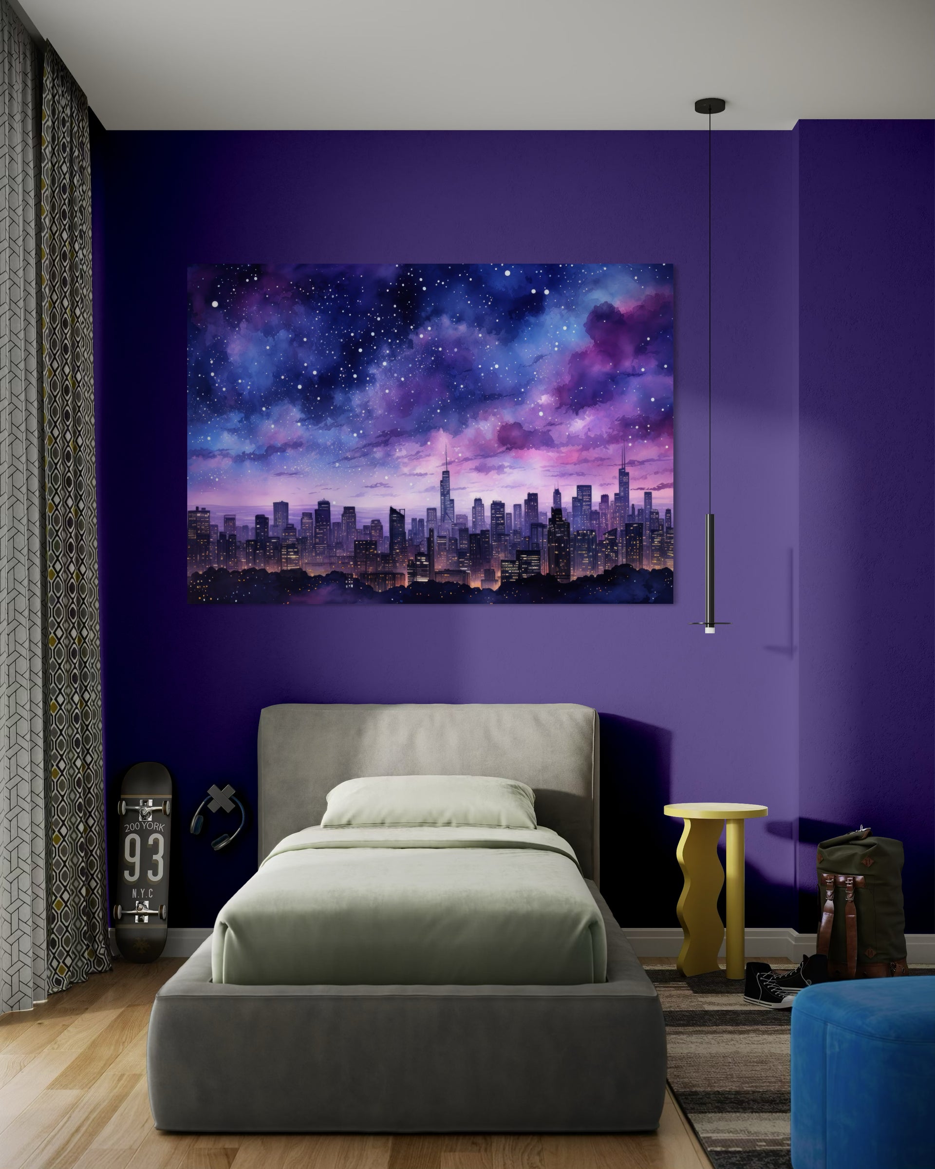 Intenso cielo: cielo viola con skyline notturno su tela
