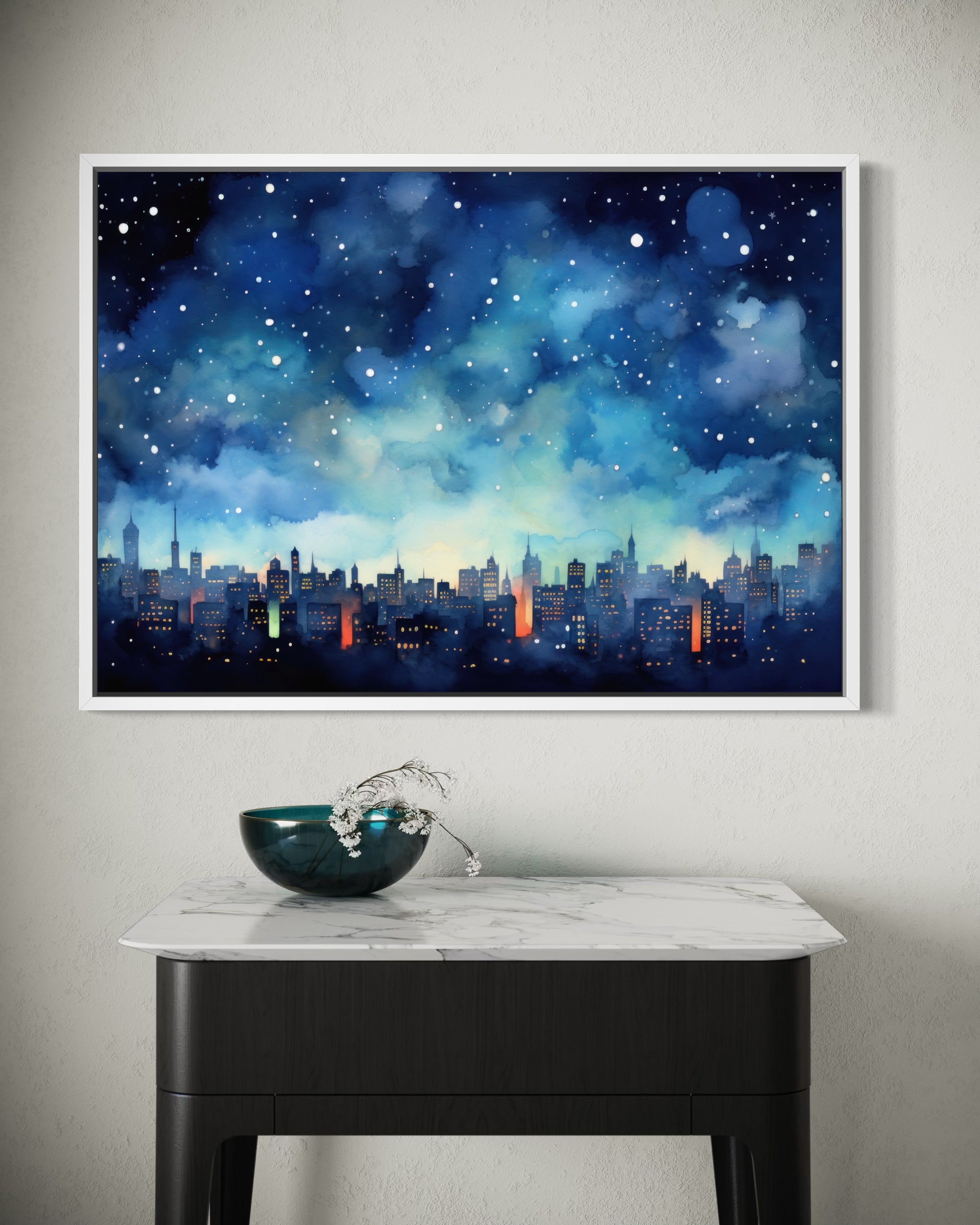 Stupore con cornice bianca: skyline notturno blu e stelle