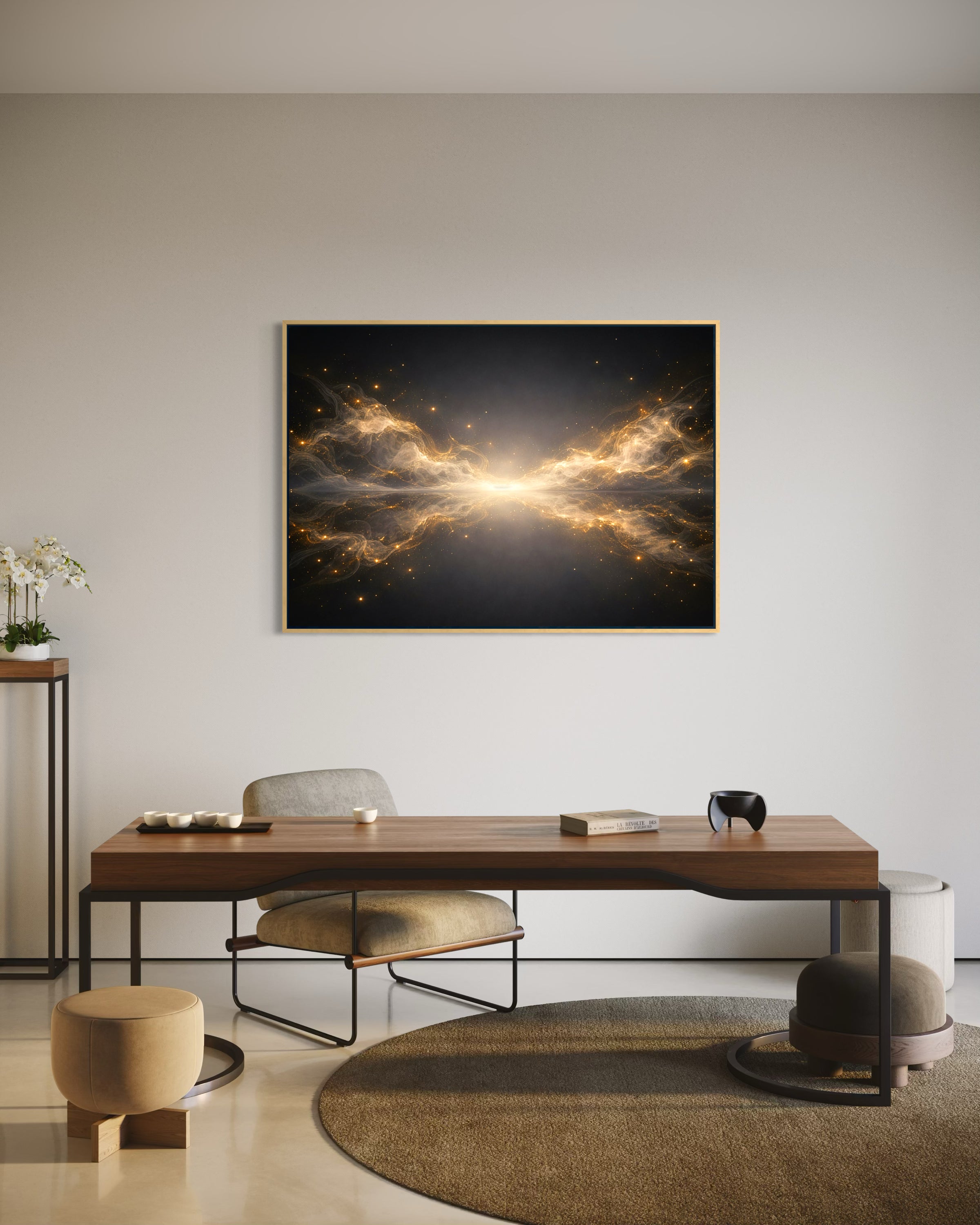 Space con cornice oro, stampa astratta con galassie e stelle luminose