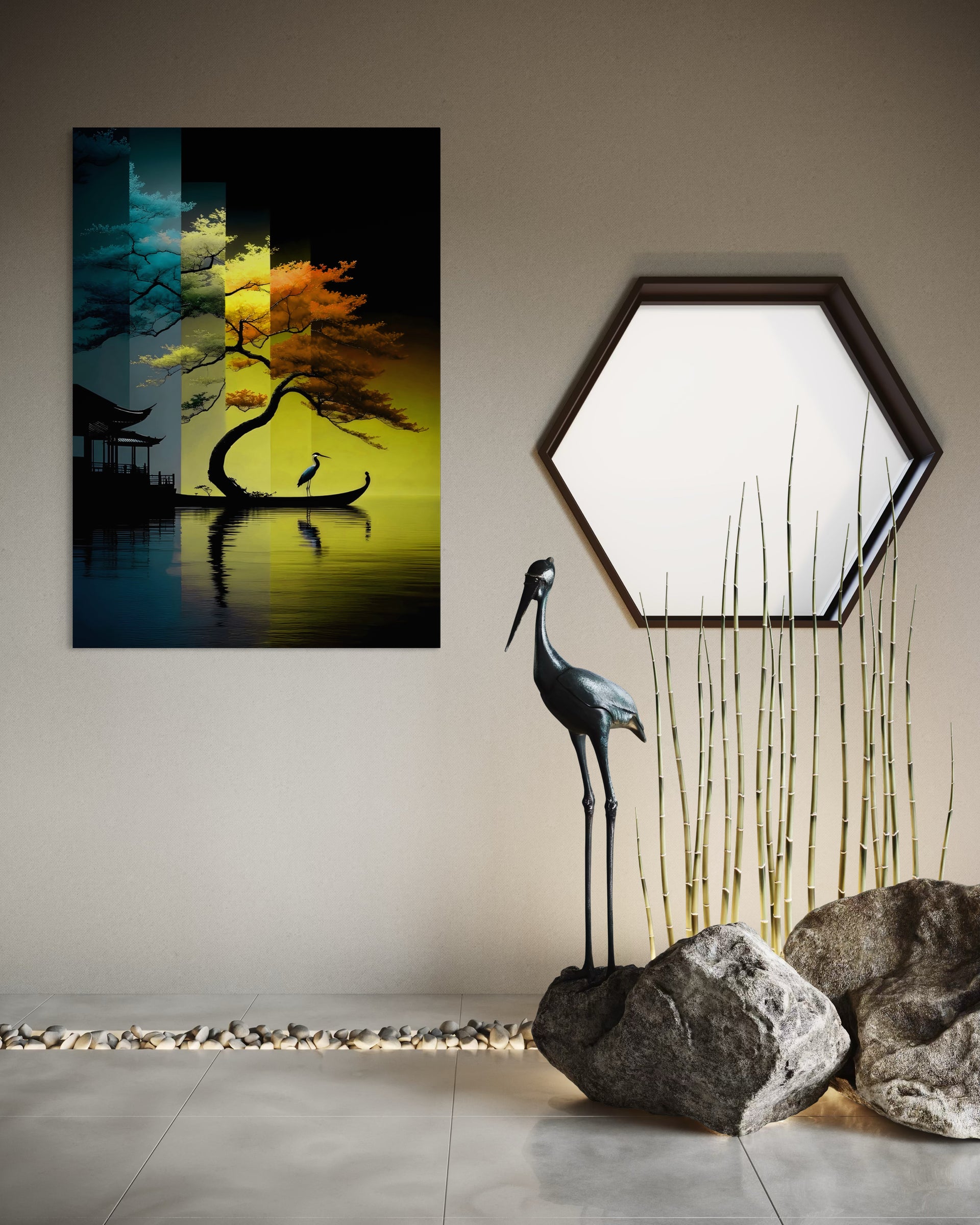 Quadro Paradiso con cornice scura: albero, uccello e riflesso d’acqua notturno.
