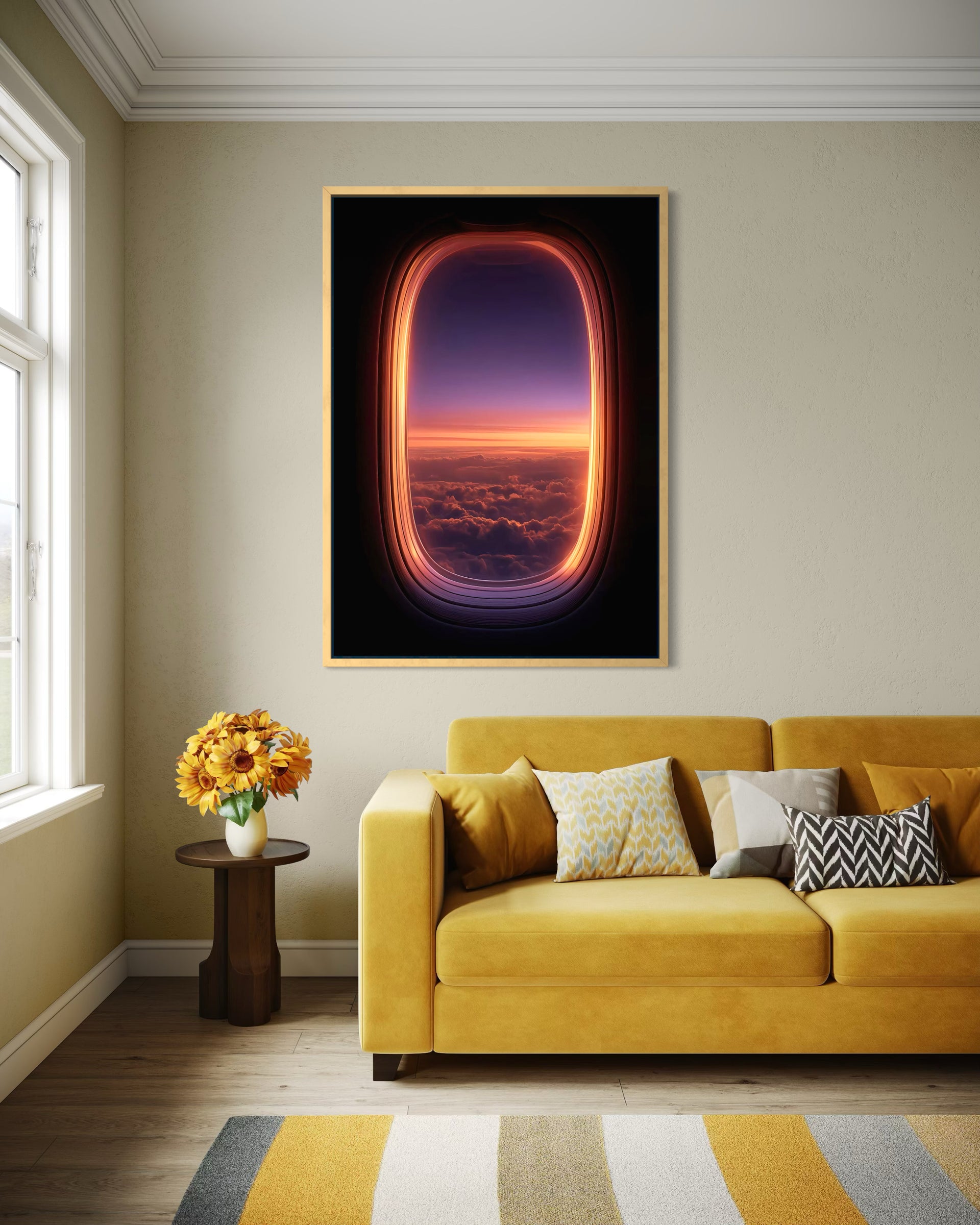 In volo: quadro con luce neon a forma di finestra ovale e paesaggio tra le nuvole