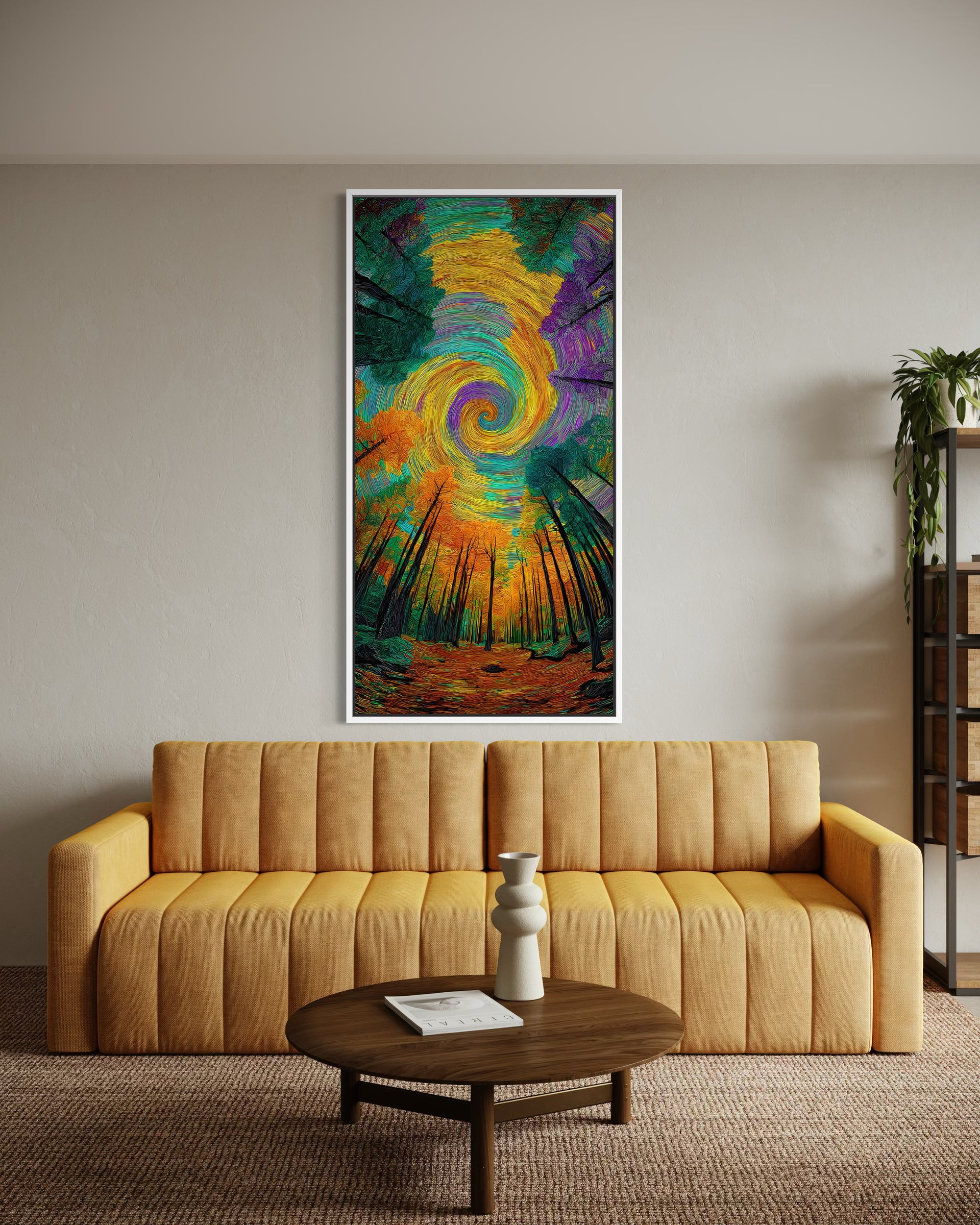 Caos di colori con cornice bianca: vortice multicolore e bosco.