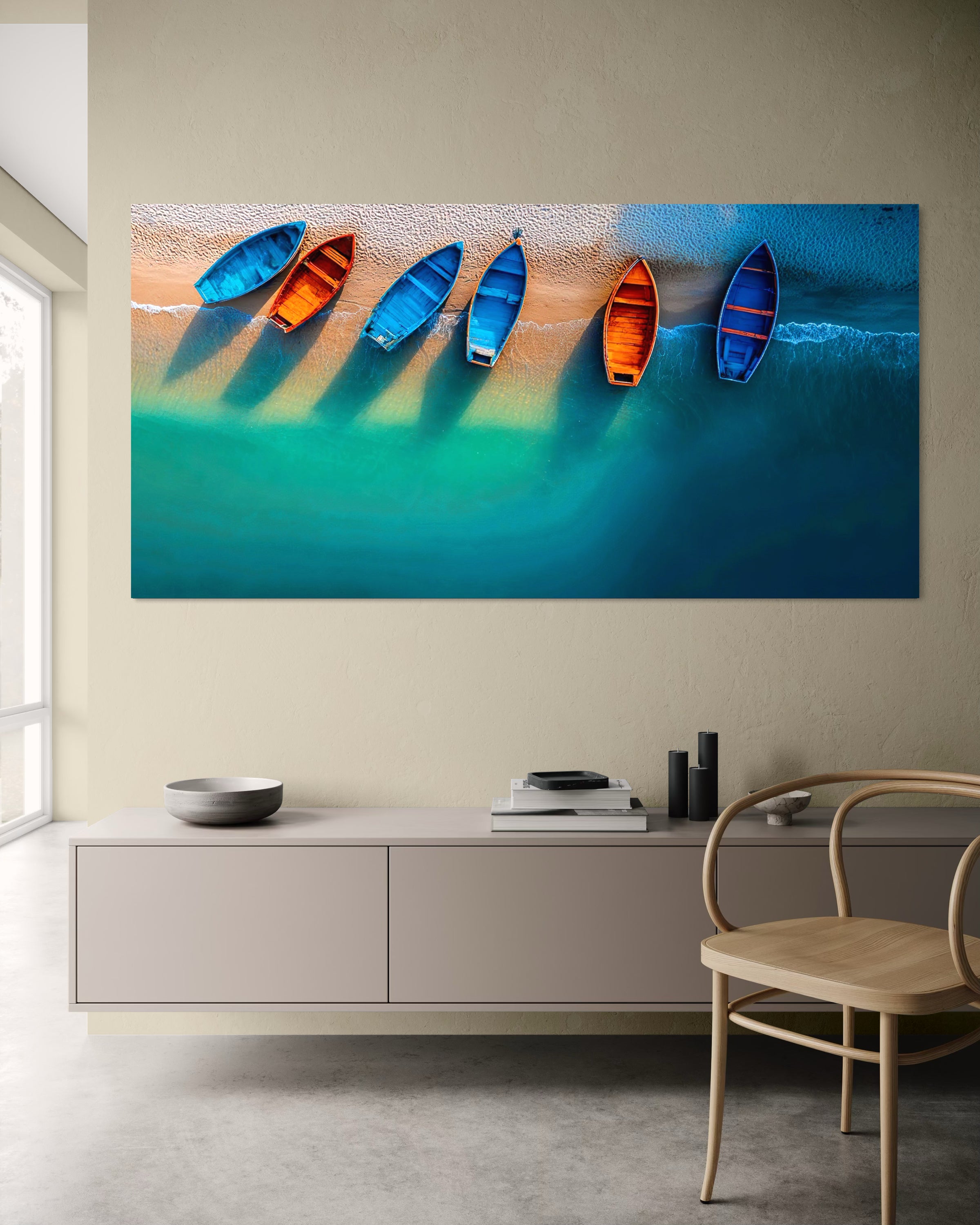 Riva: quadro con barche su mare azzurro e sfondo sfumato, colori blu e arancio.