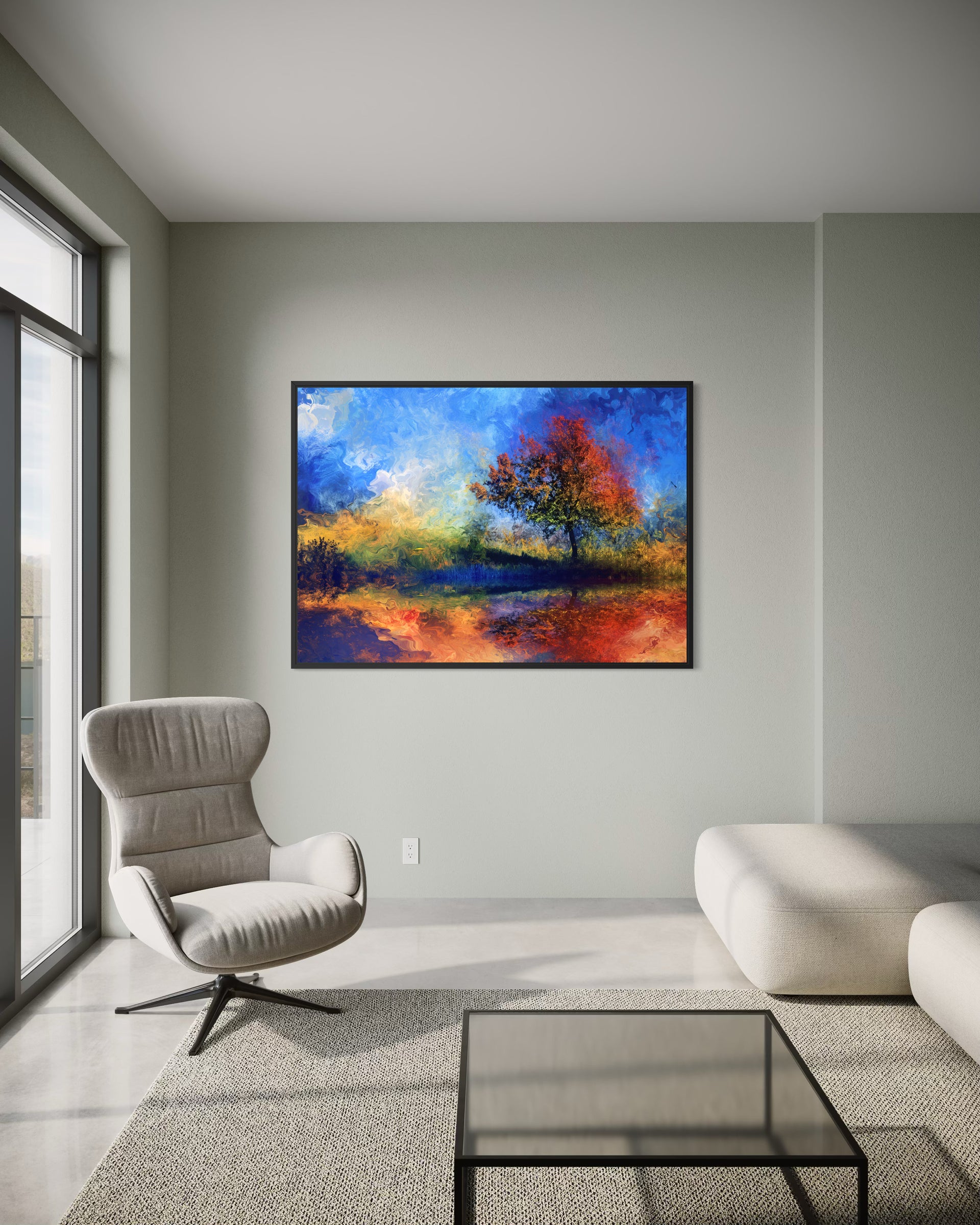 Impressionism Panorama con cornice nera, paesaggio astratto in blu e arancio