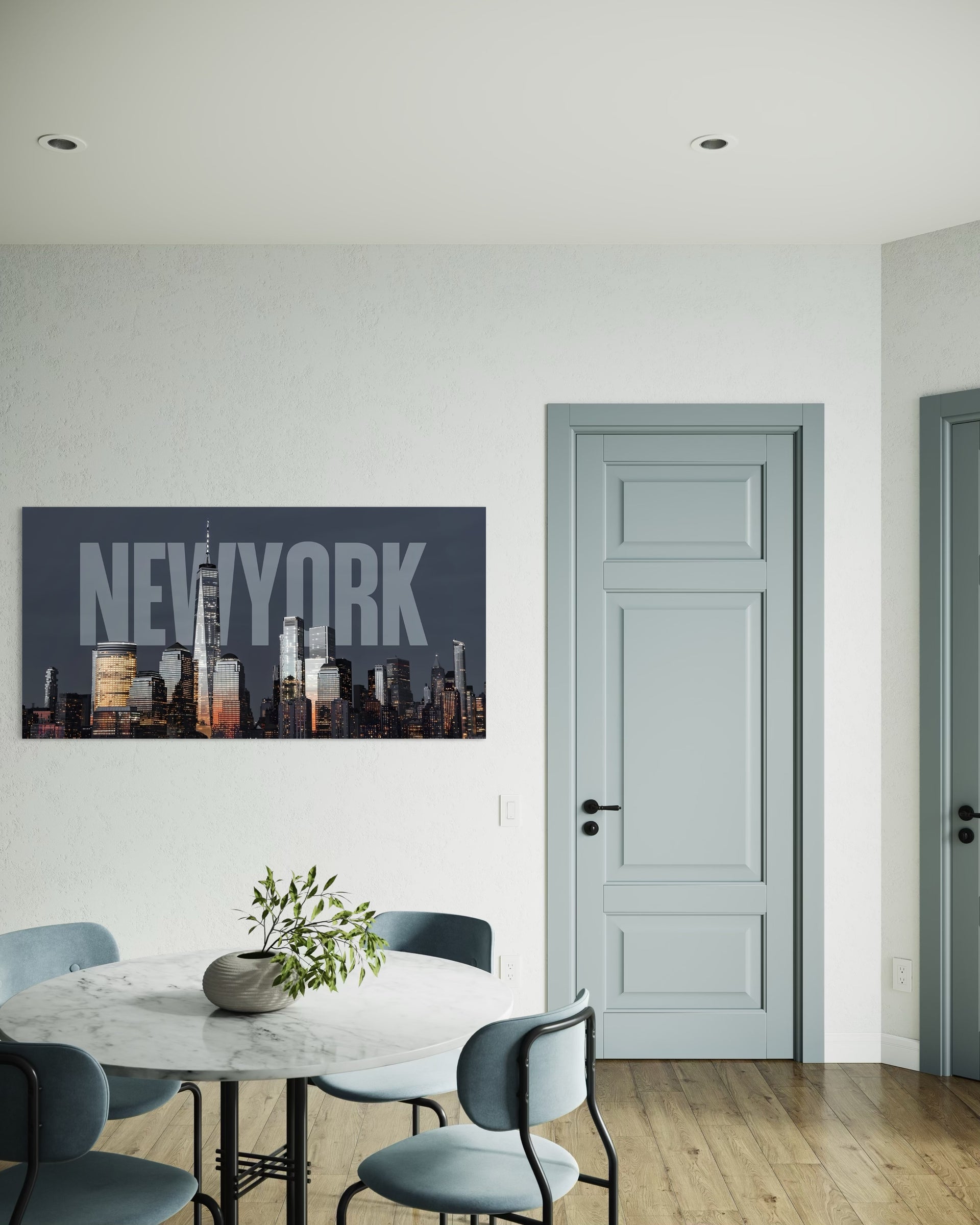 New York City skyline wall art with 'NEW YORK' text