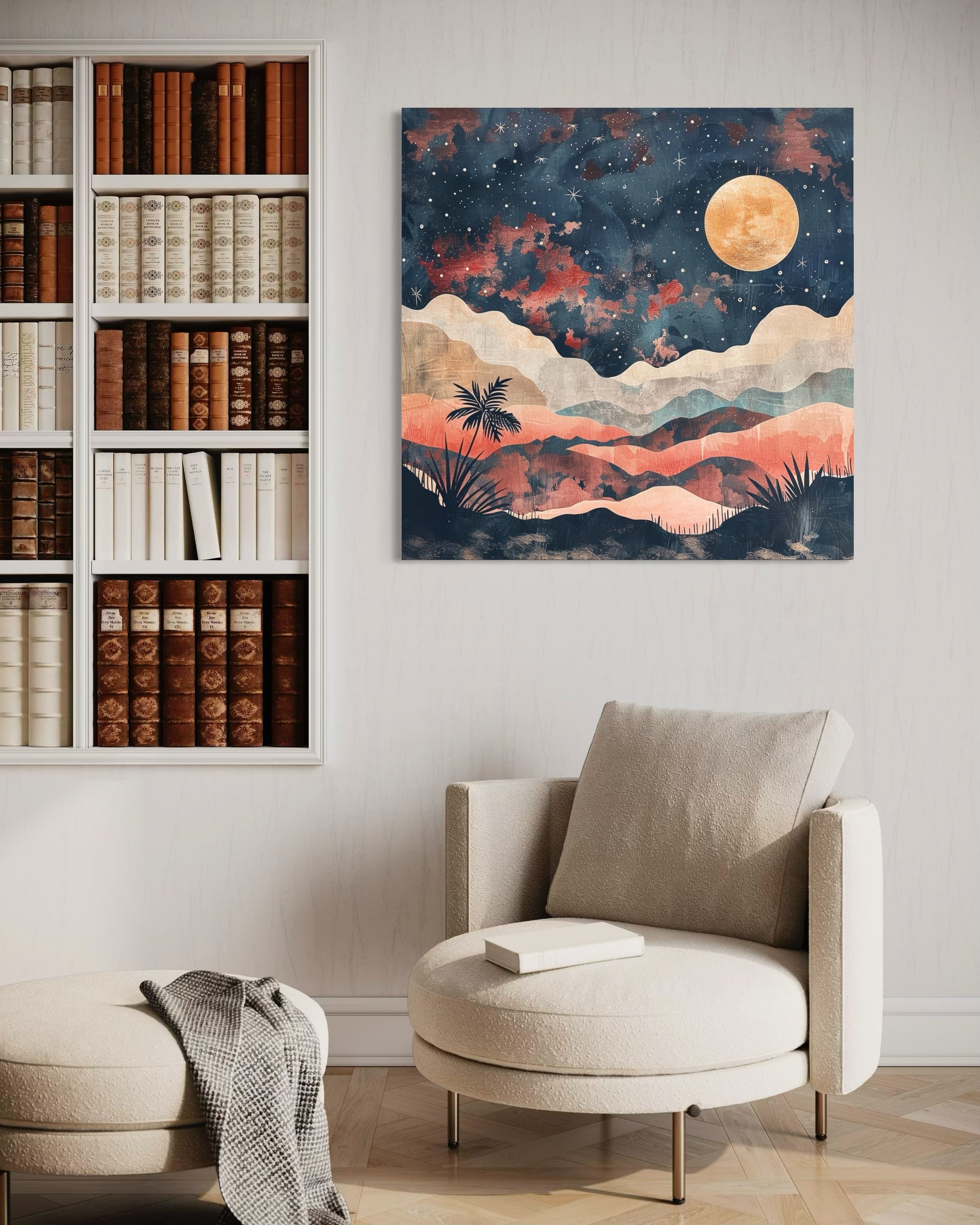 Night modern: quadro con cielo notturno, luna piena e montagne, paesaggio stellato