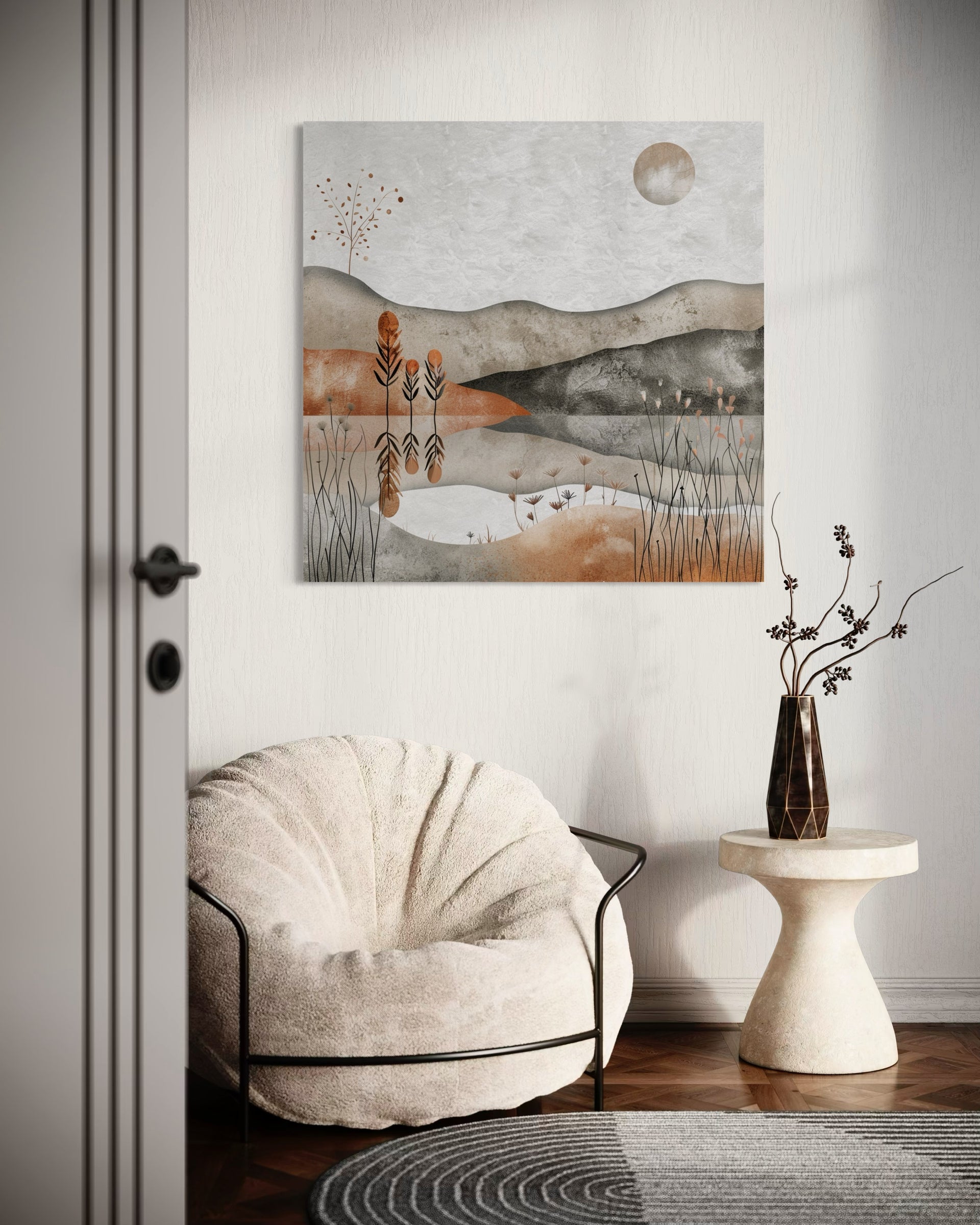 Vista paesaggio con luna e colline, fiori e erbe in stile astratto