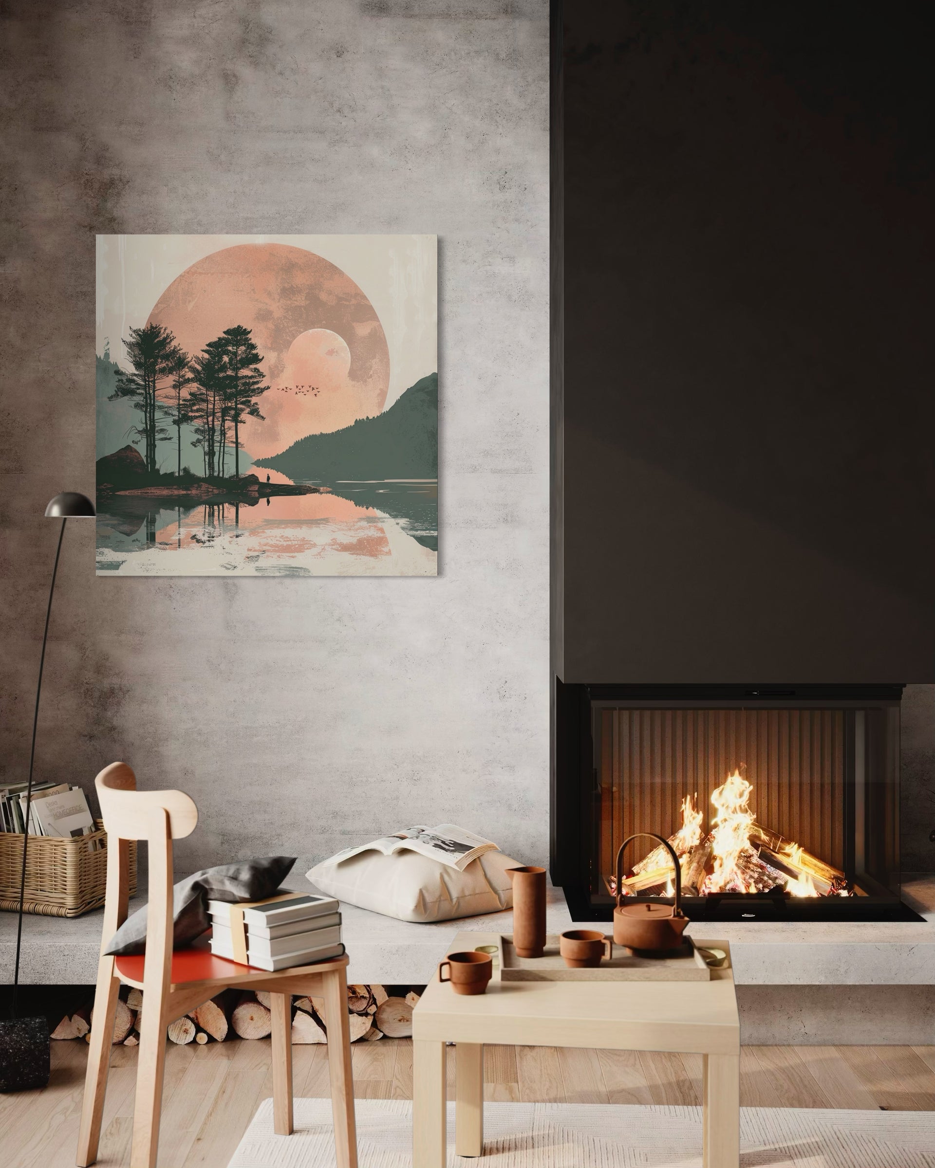 Quadro Tranquillità con cornice bianca, paesaggio monti e bosco con luna rossa