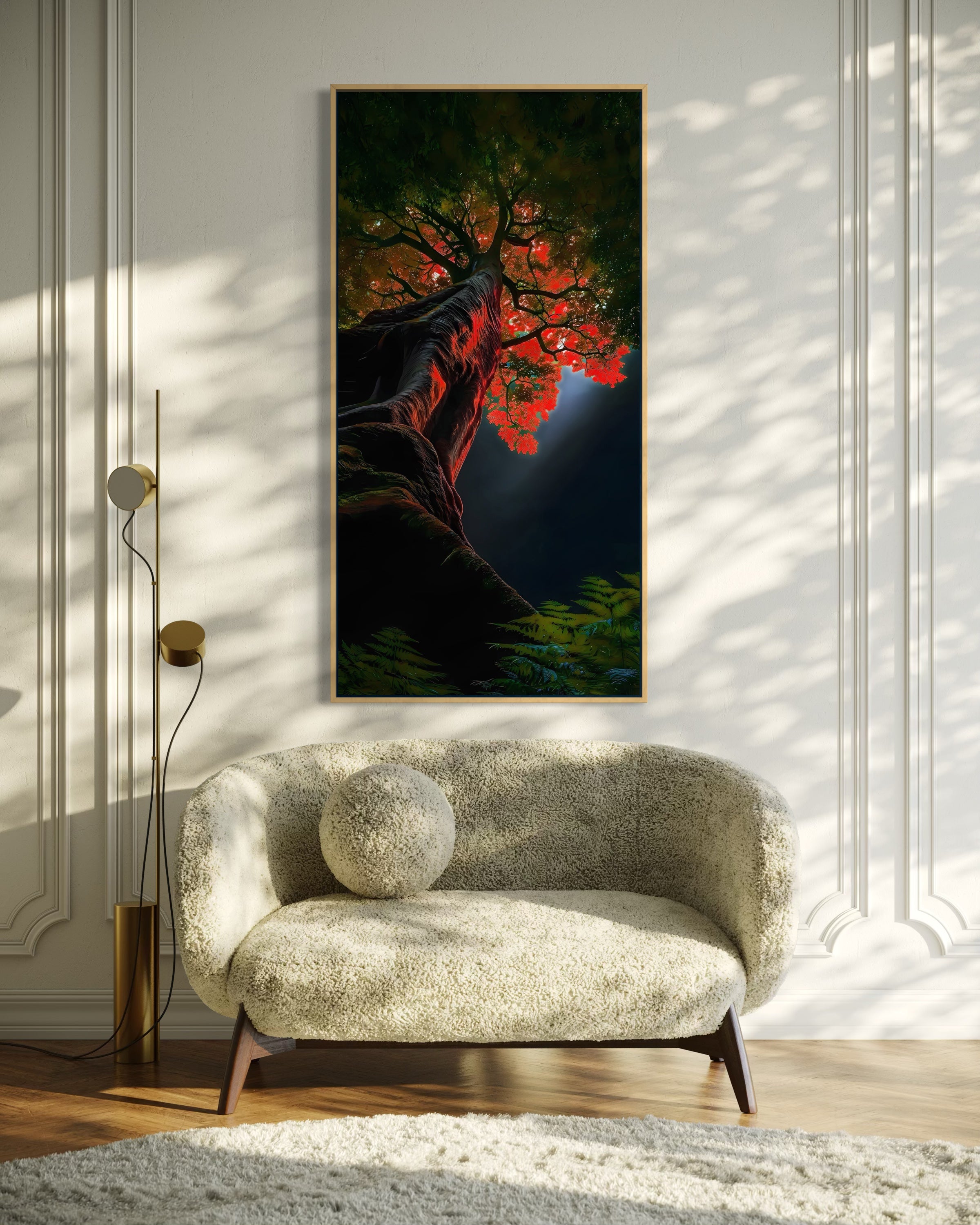 Visione: stampa incorniciata con albero rosso-arancio e cielo blu scuro, cornice scura