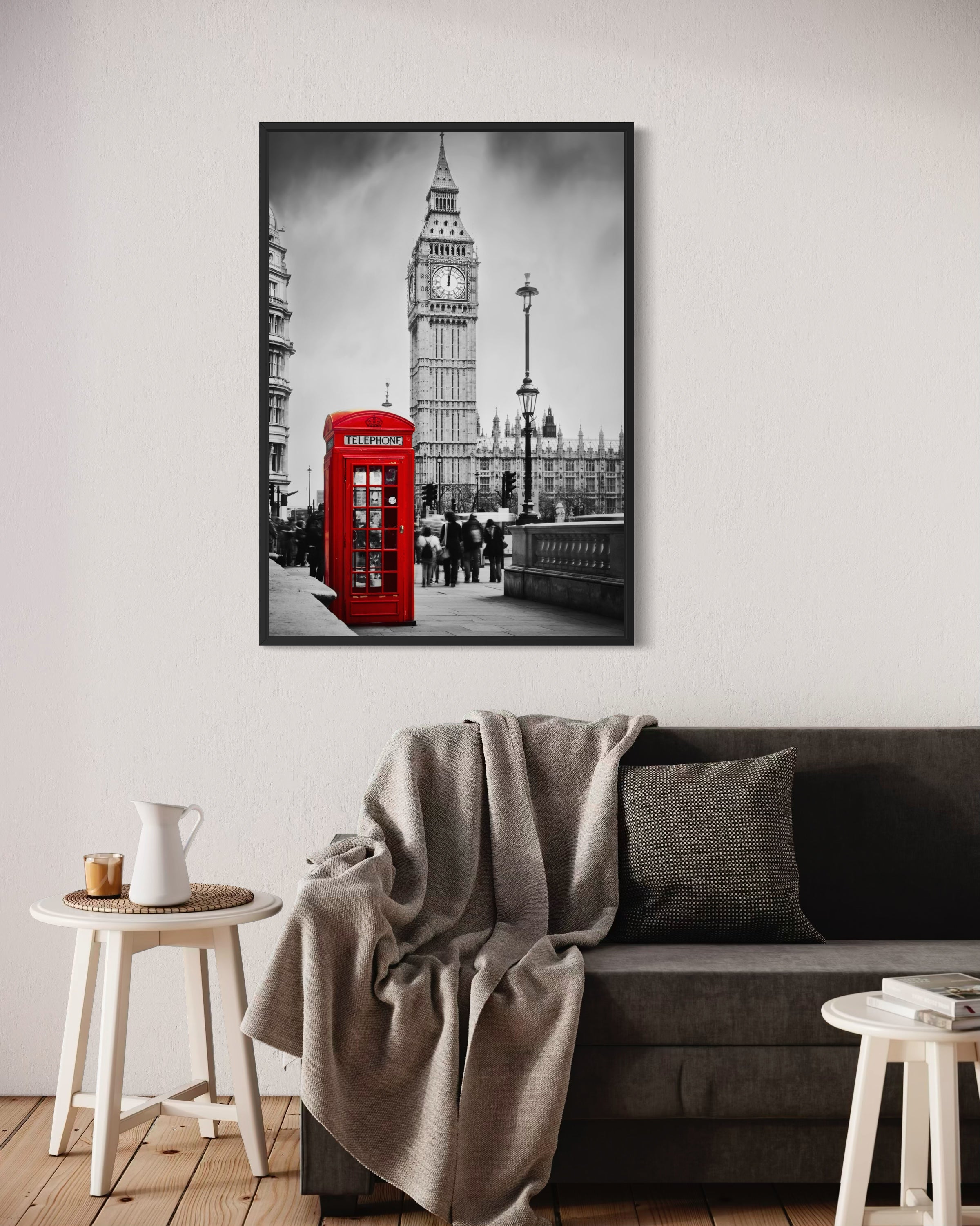 Stampa incorniciata London con cabina rossa e Big Ben, cornice nera