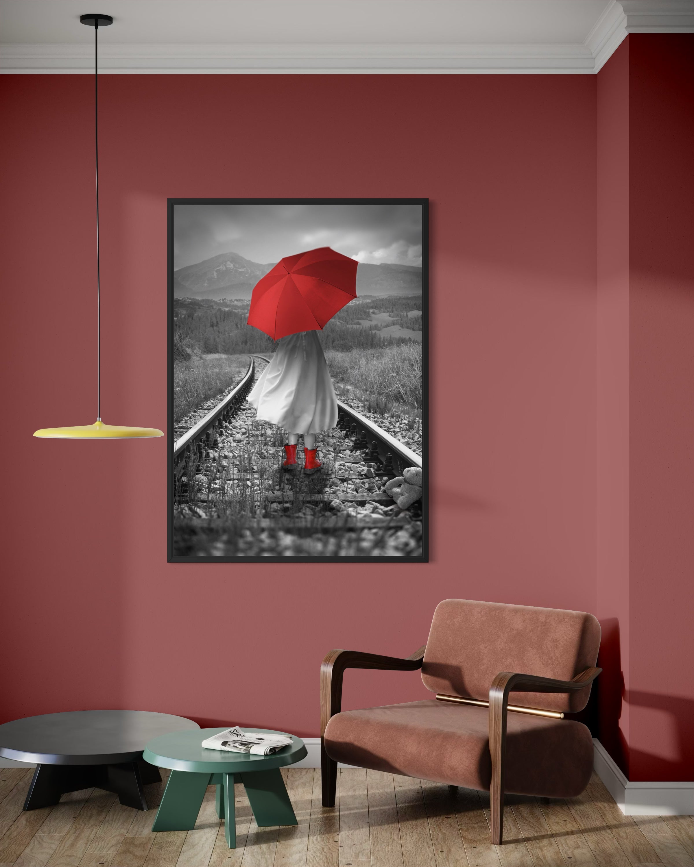 Binari del futuro: cornice nera con ombrello rosso su binari