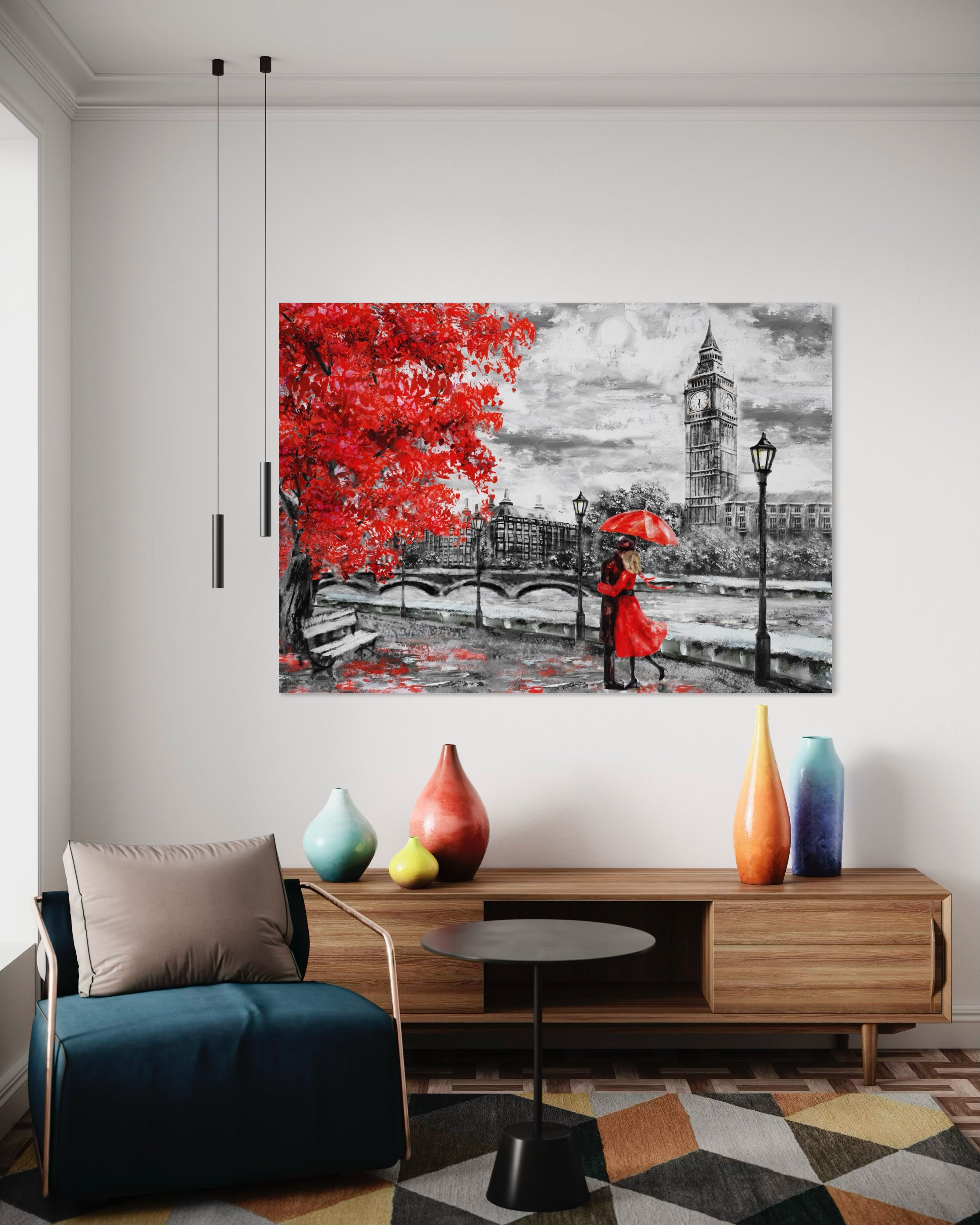 Passione londinese, stampa con albero rosso e ombrello rosso davanti al Big Ben