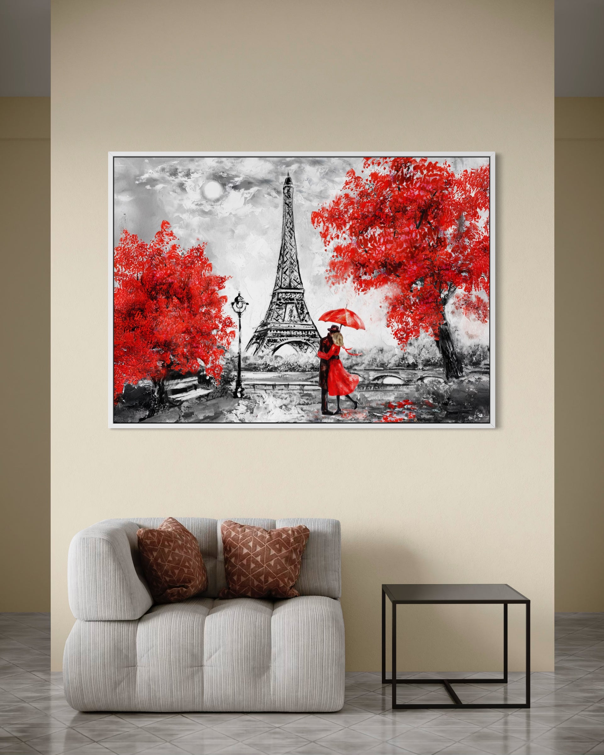 Parigi in rosso con Torre Eiffel, alberi rossi e cornice bianca.