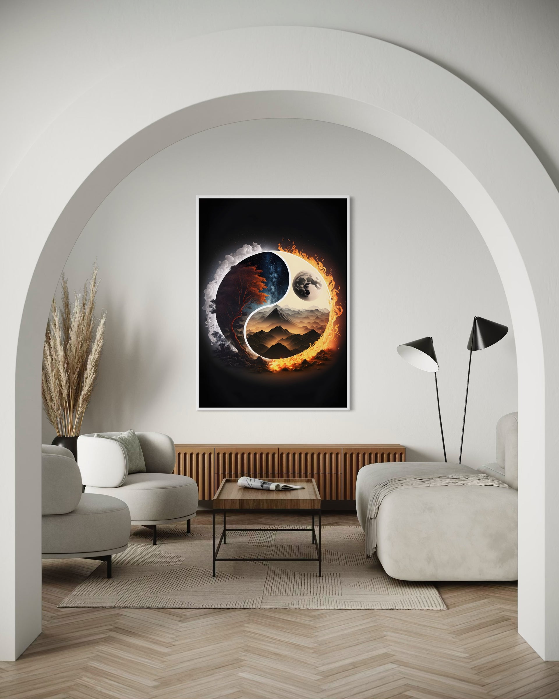 Stampa Yin Yang Cosmico con cornice bianca, design cosmico scuro