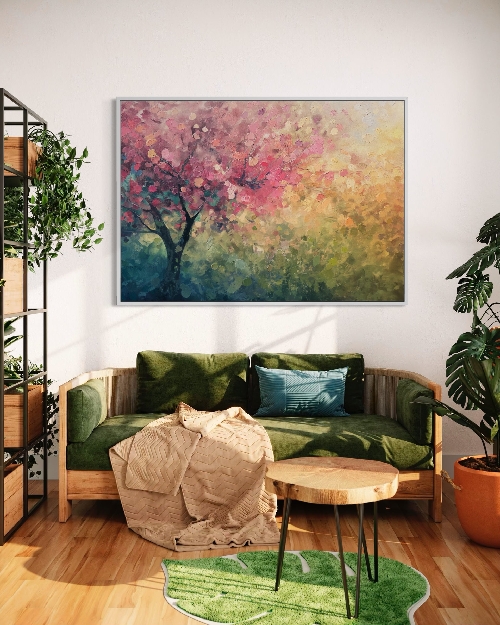 Soffio di primavera: quadro con albero, sfumature rosa, gialle e verdi in cornice.