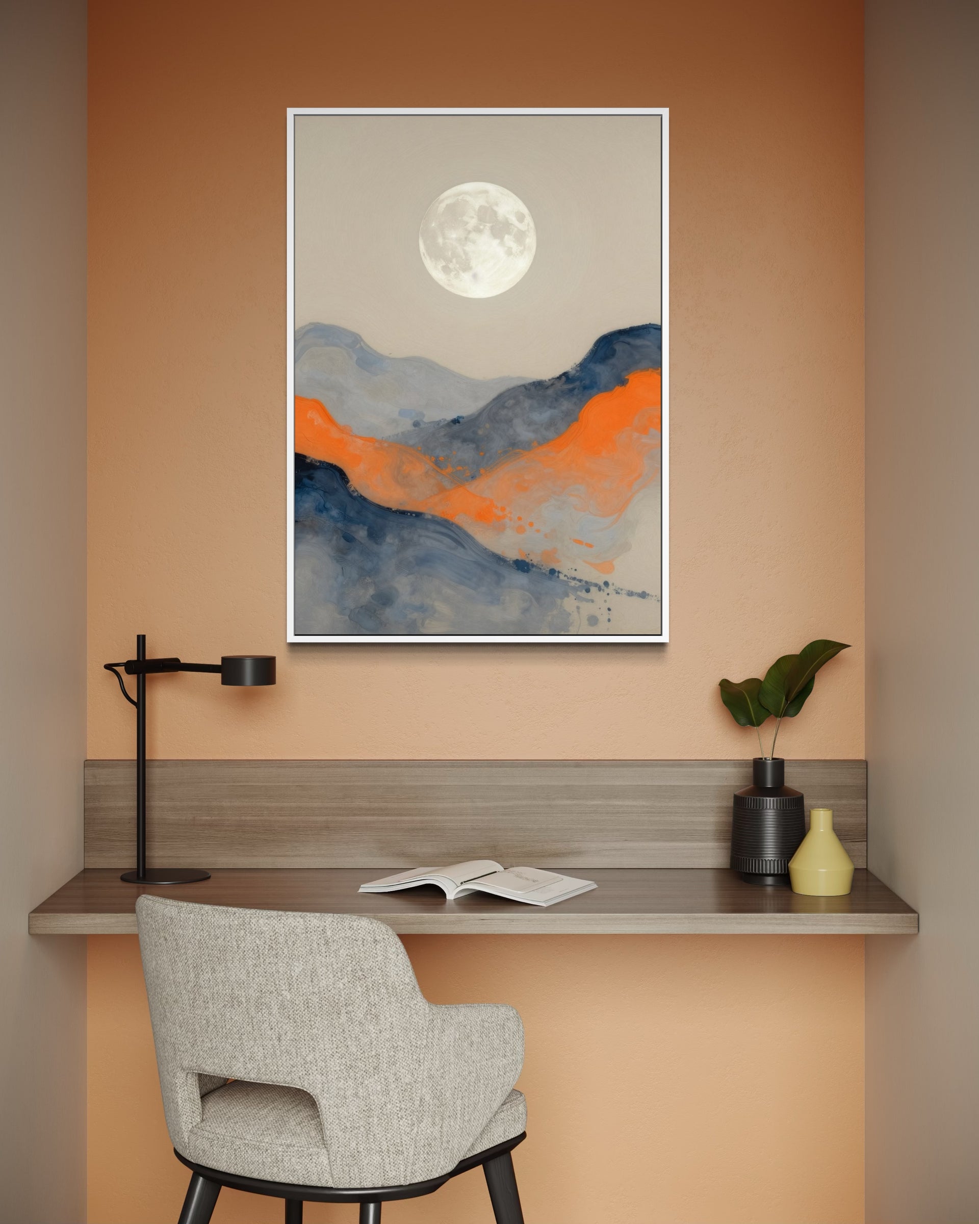 Contrasti Astratti con luna bianca e montagne astratte blu-arancio, cornice bianca
