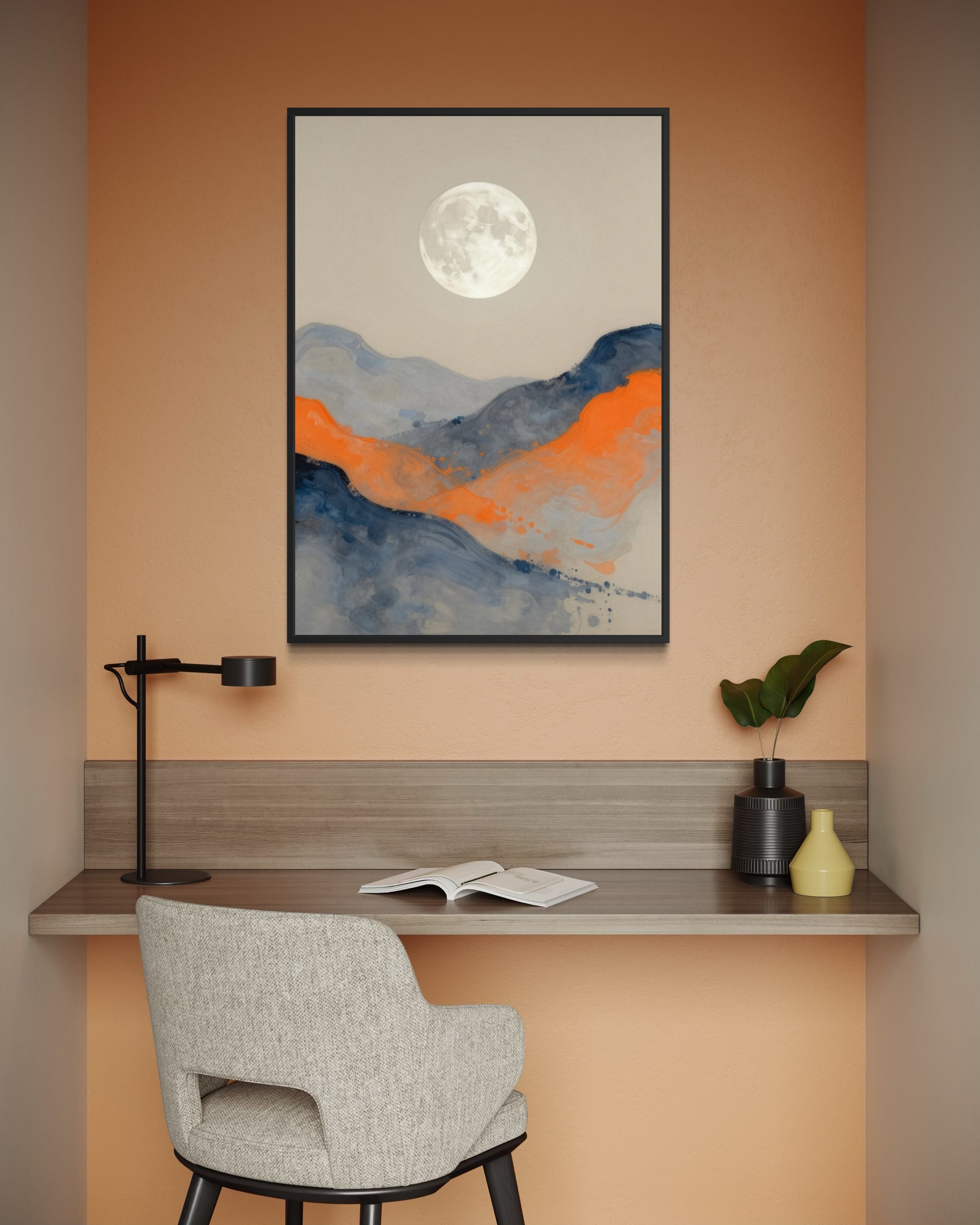 Contrasti Astratti: luna bianca e montagne astratte blu-arancio con cornice nera