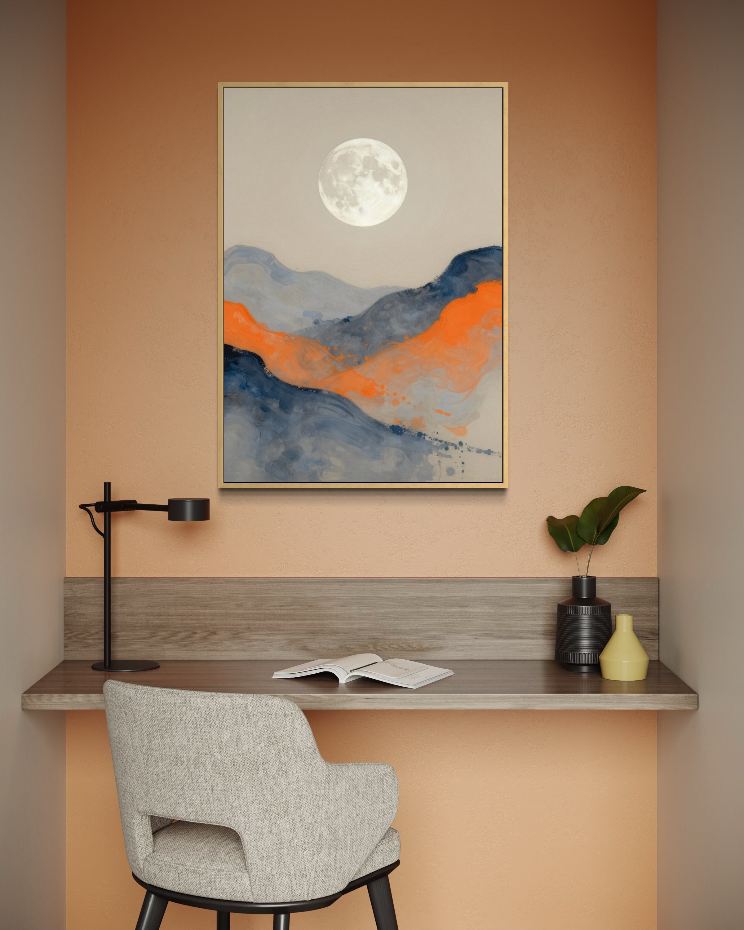 Contrasti Astratti: luna bianca e montagne astratte blu-arancio con cornice oro