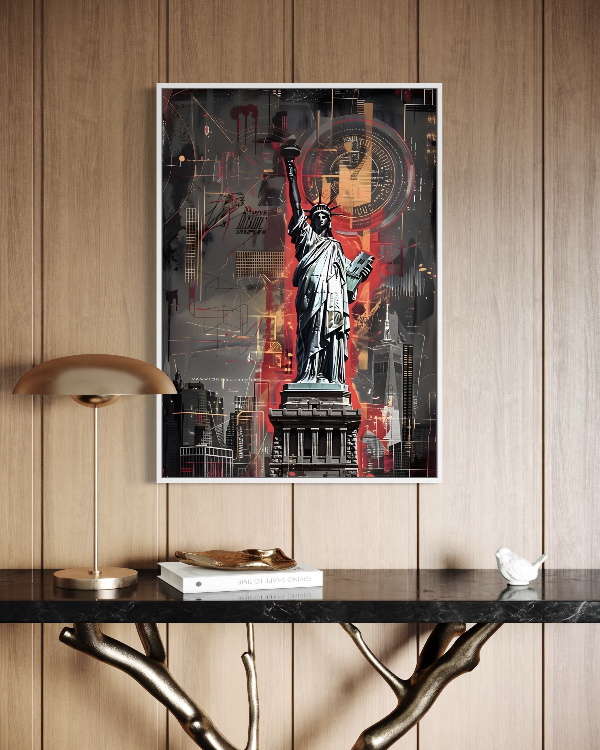 L'Anima di New York: stampa con cornice bianca, statua della libertà stilizzata con dettagli urbani