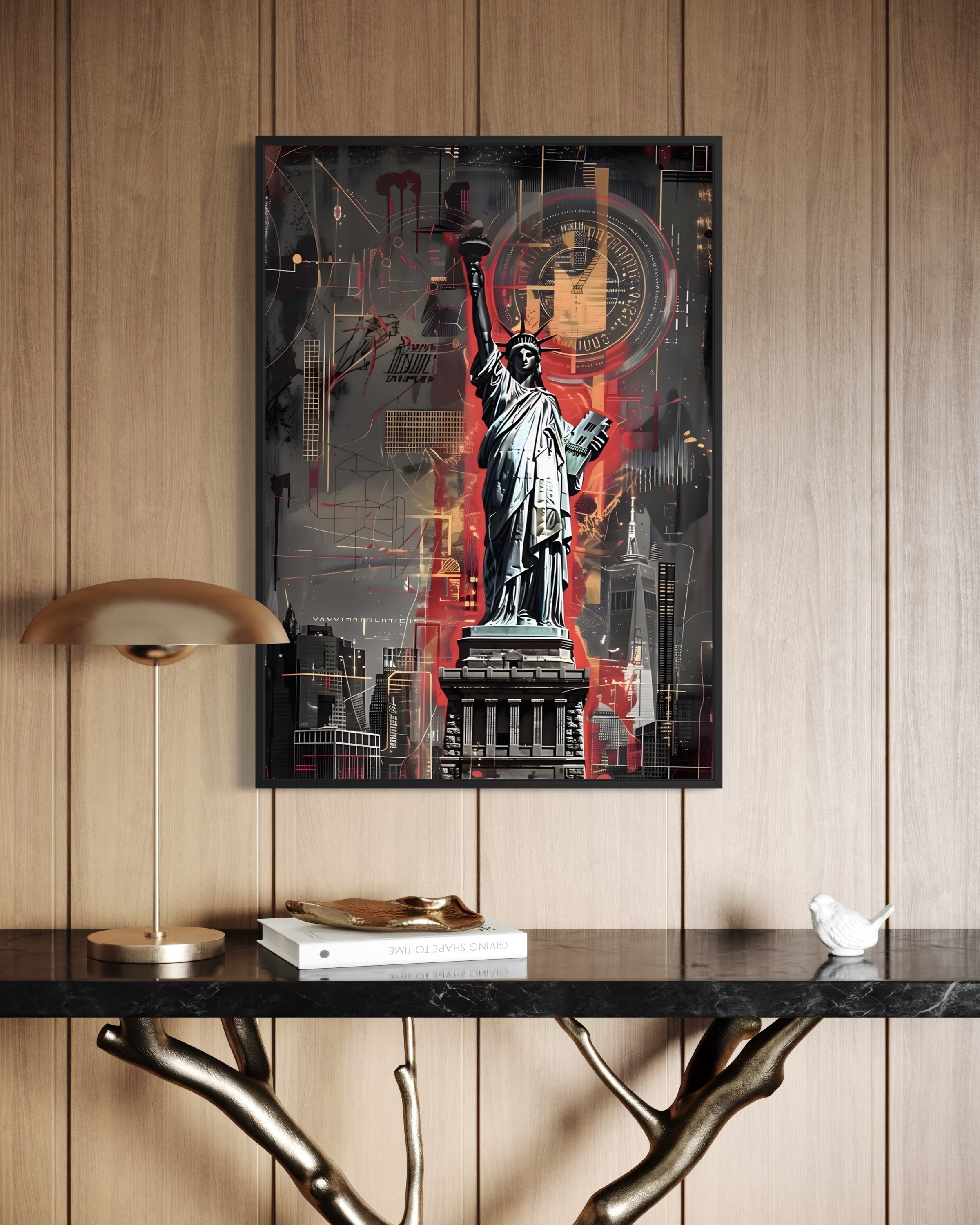 L'Anima di New York: stampa con cornice nera, statua della libertà stilizzata e skyline