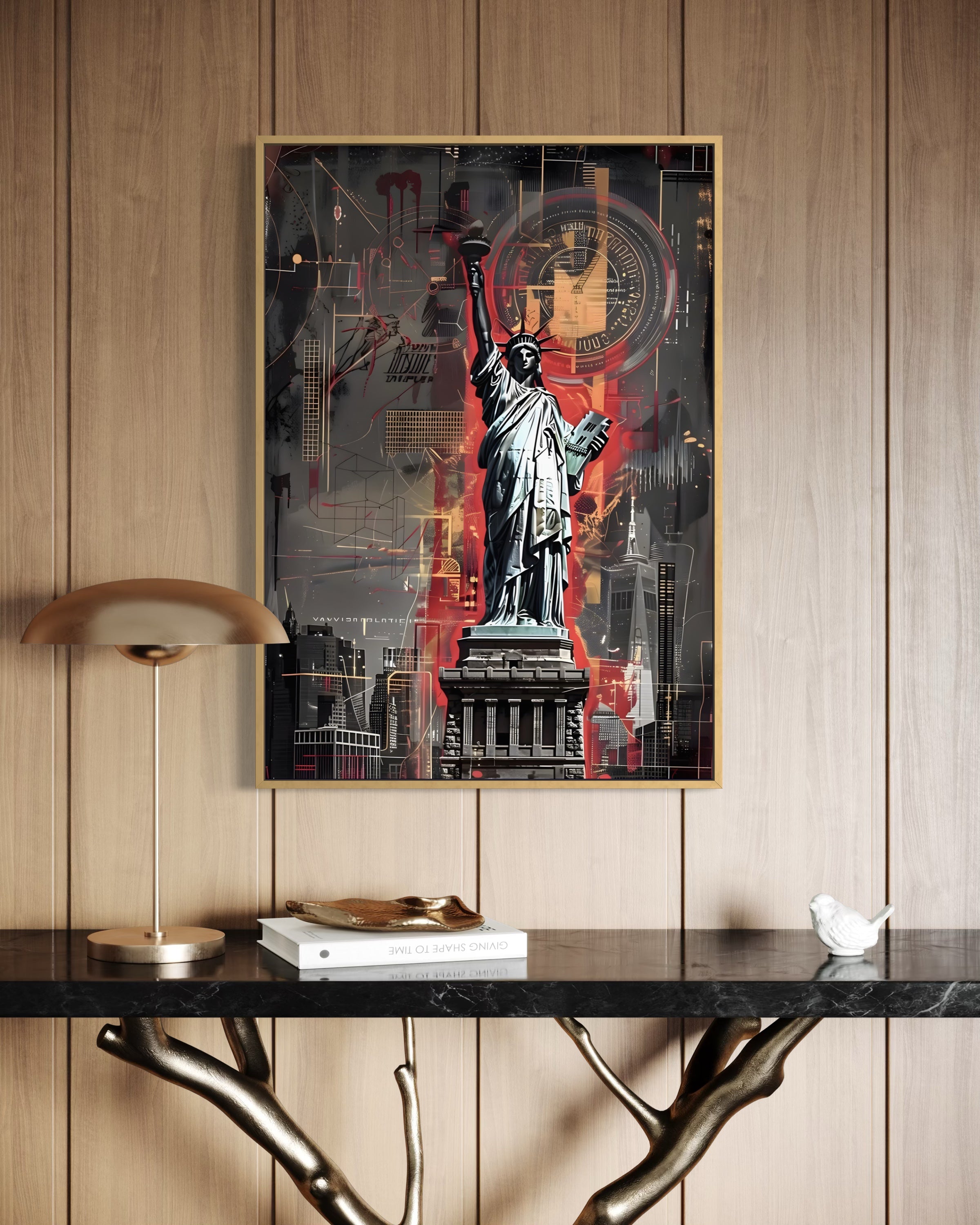 L'Anima di New York: stampa con cornice dorata, statua della libertà stilizzata e skyline