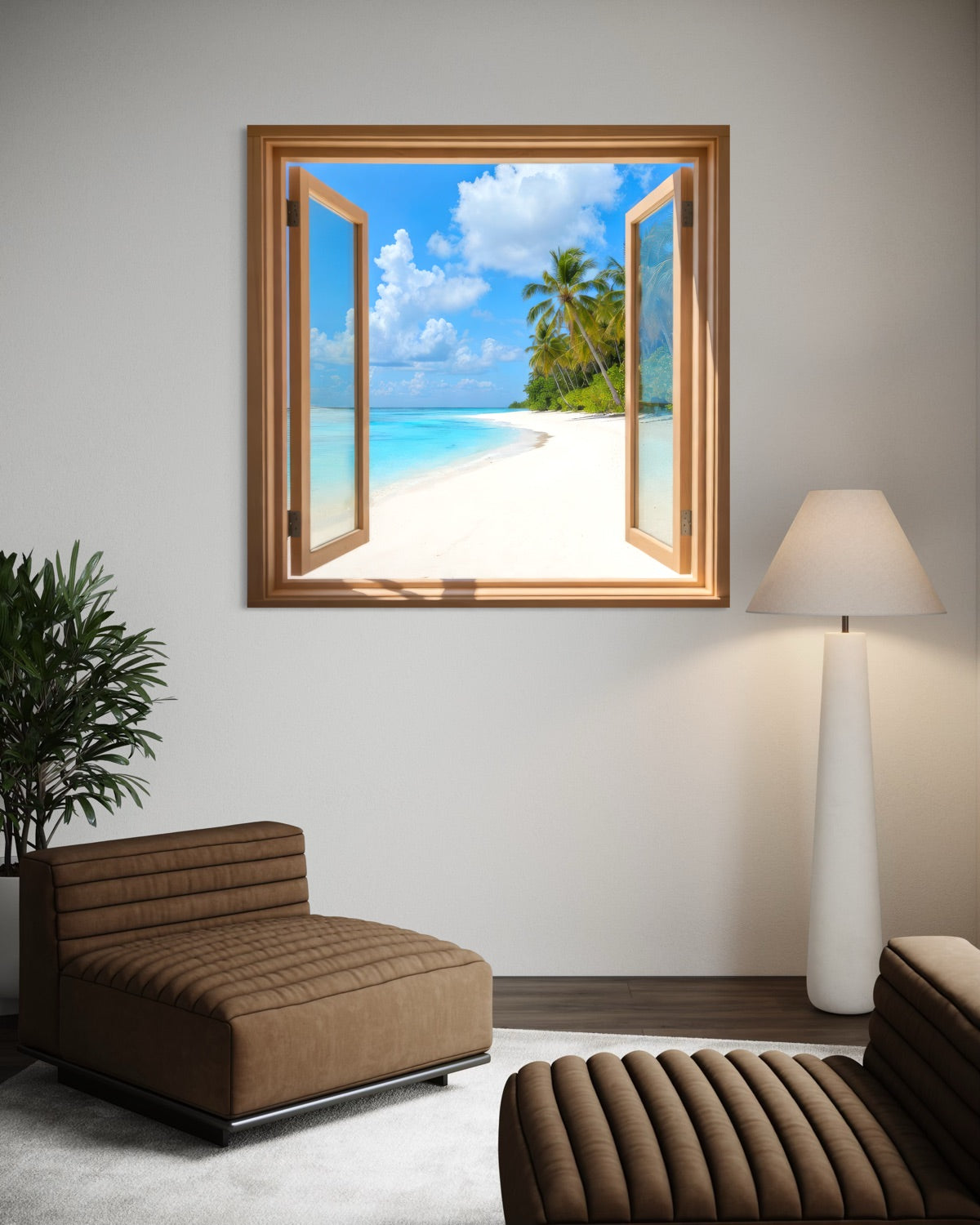 Finestra sul Paradiso quadrata con cornice marrone e scena spiaggia e palme