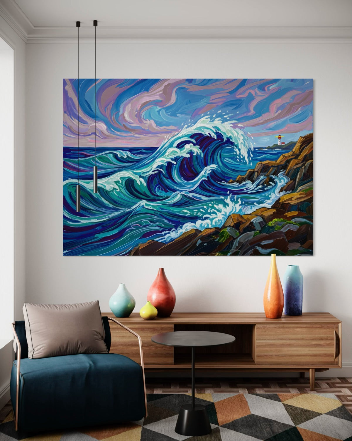 Stampa su tela con cornice scura, mare in tempesta e onde