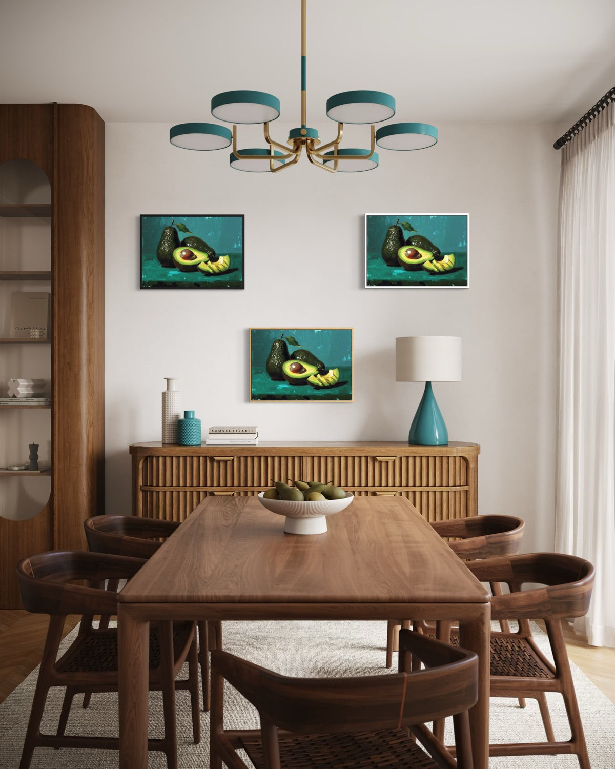 Set di 3 stampe incorniciate verdi con animale acquatico e avocado, composizione a parete