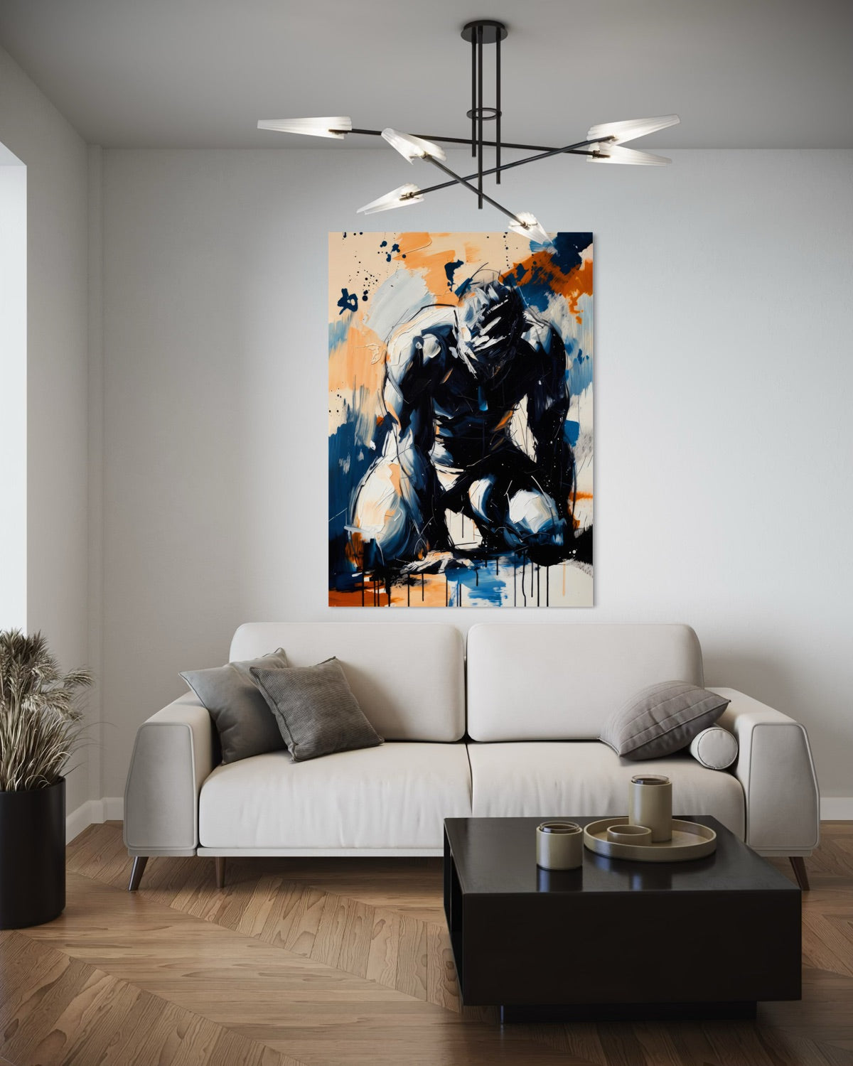 Stampa incorniciata con pittura astratta blu e arancione, soggetto su sfondo bianco