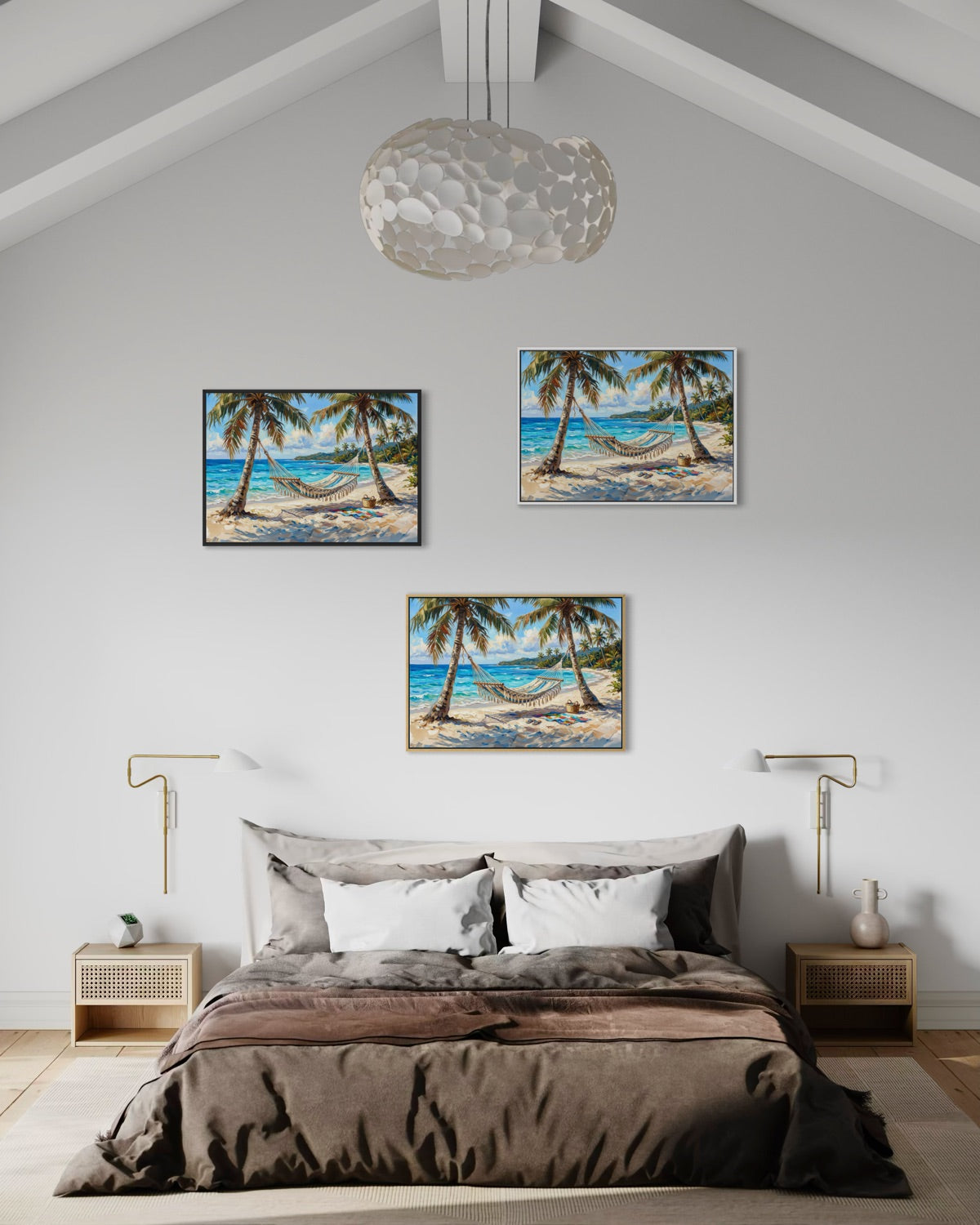 Set di 3 stampe incorniciate con spiaggia tropicale e amaca sul mare