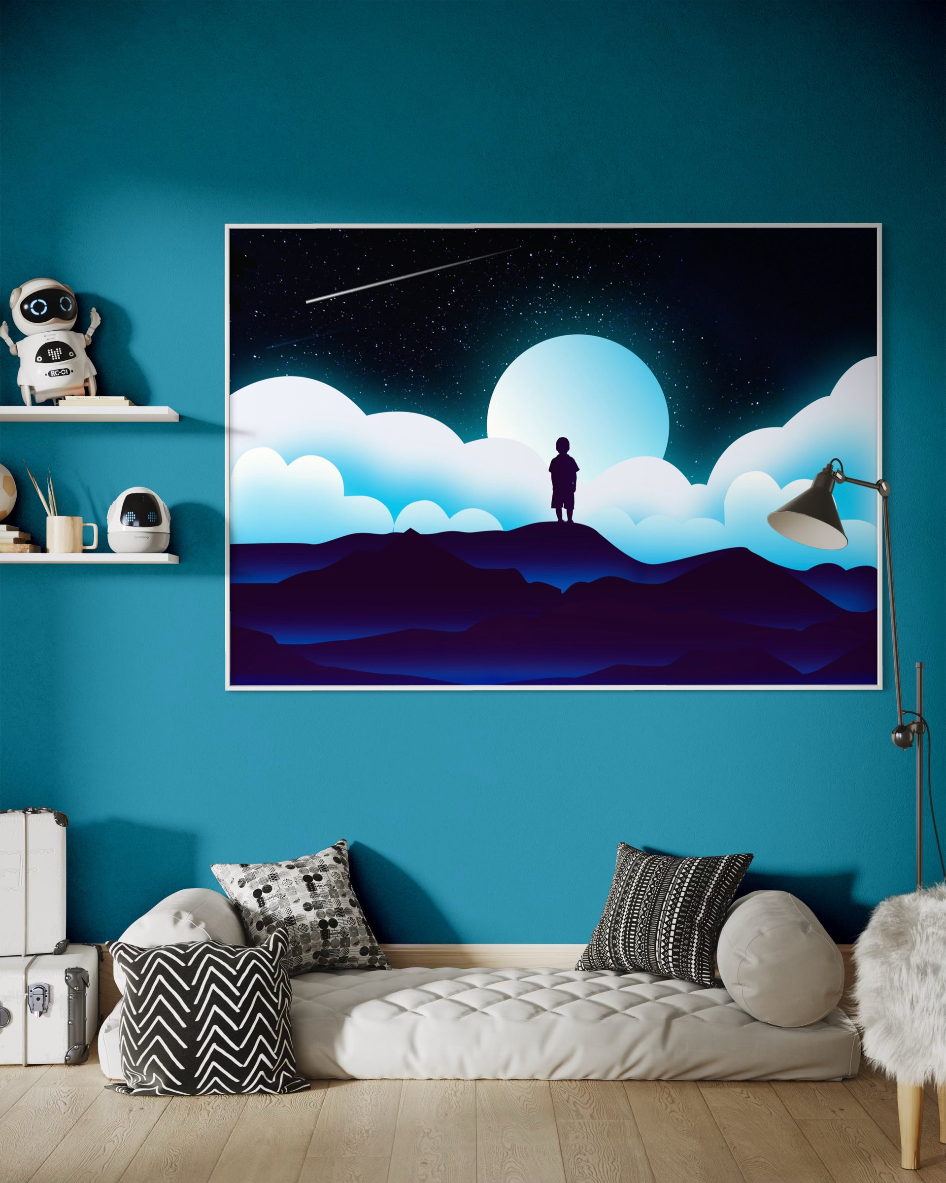 Dream son: stampa incorniciata con luna, nuvole e silhouette su cielo notturno.