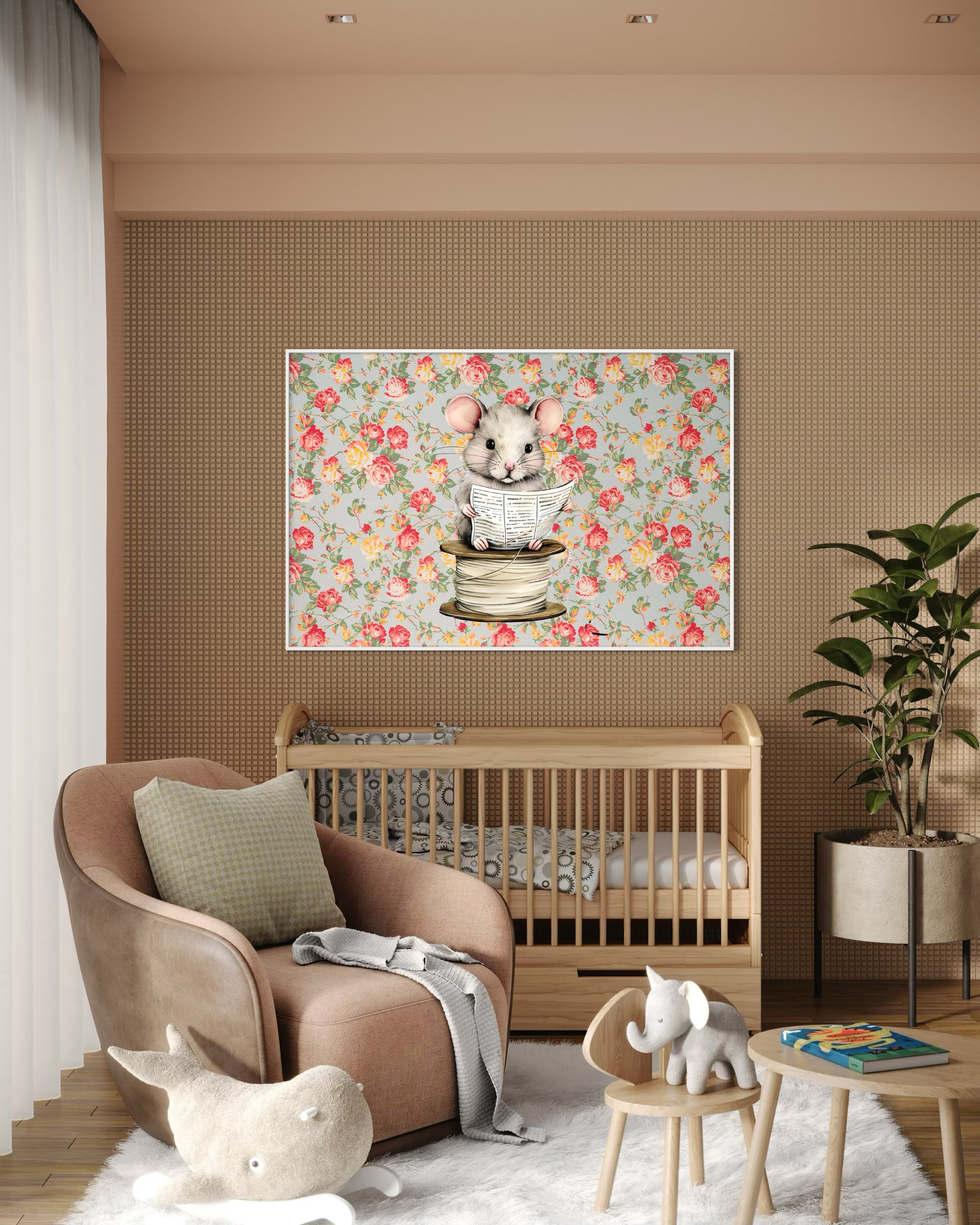 Little mouse print in white frame, mouse sitting and reading a small book
