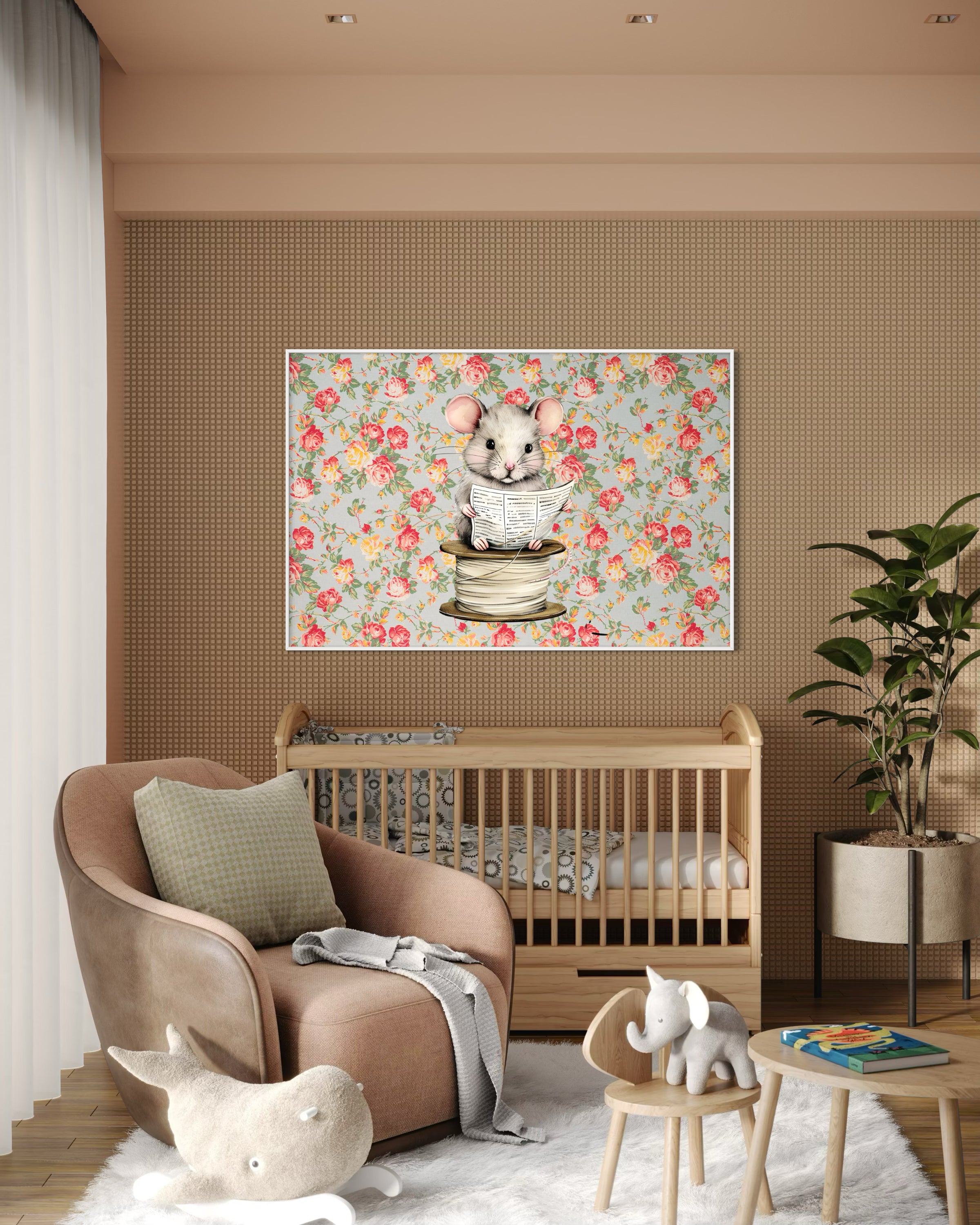 Quadro rettangolare con topolino grigio in tazza su sfondo floreale, cornice bianca