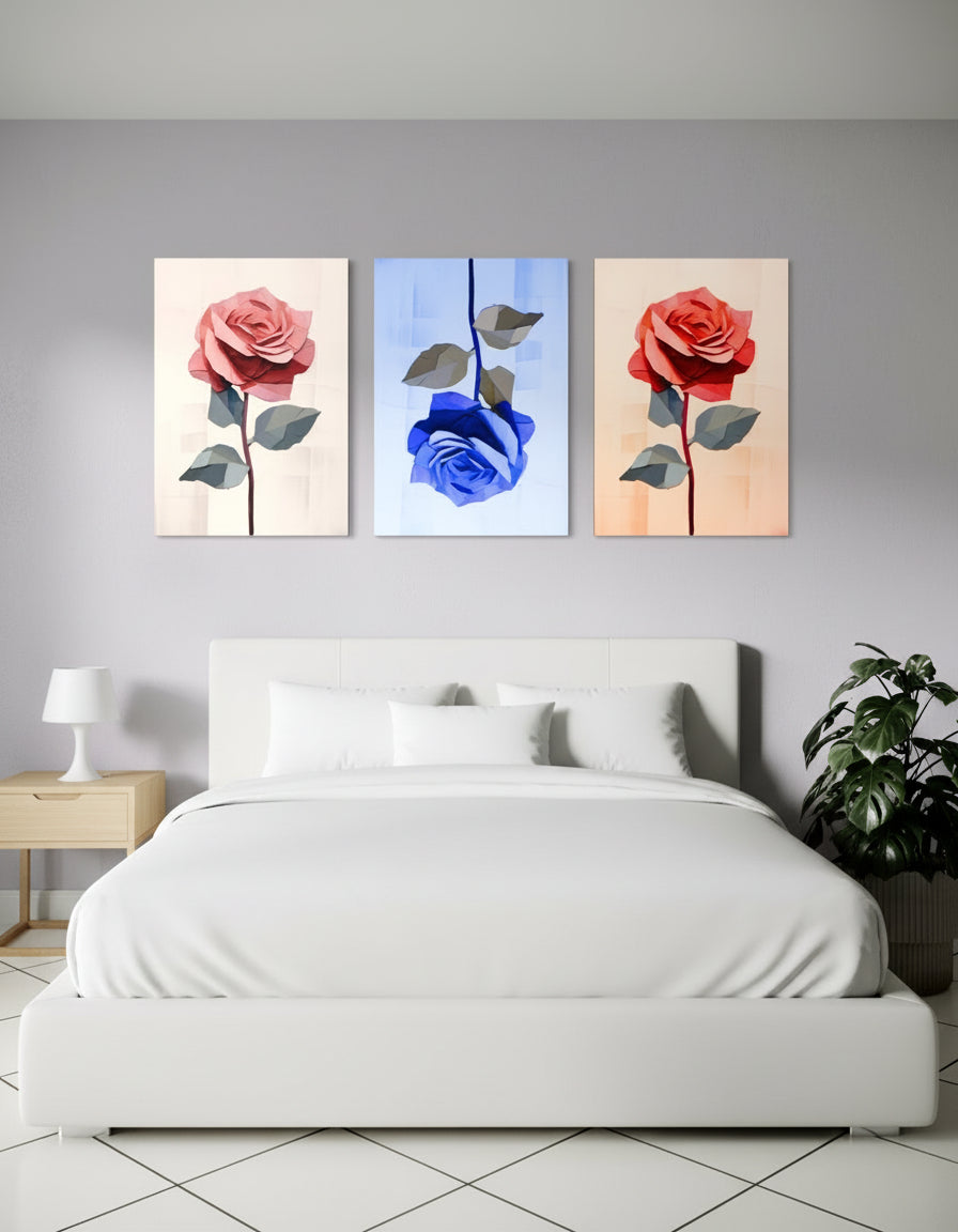 Trittico di spine con rose rosa, blu e rosso in tre pannelli incorniciati