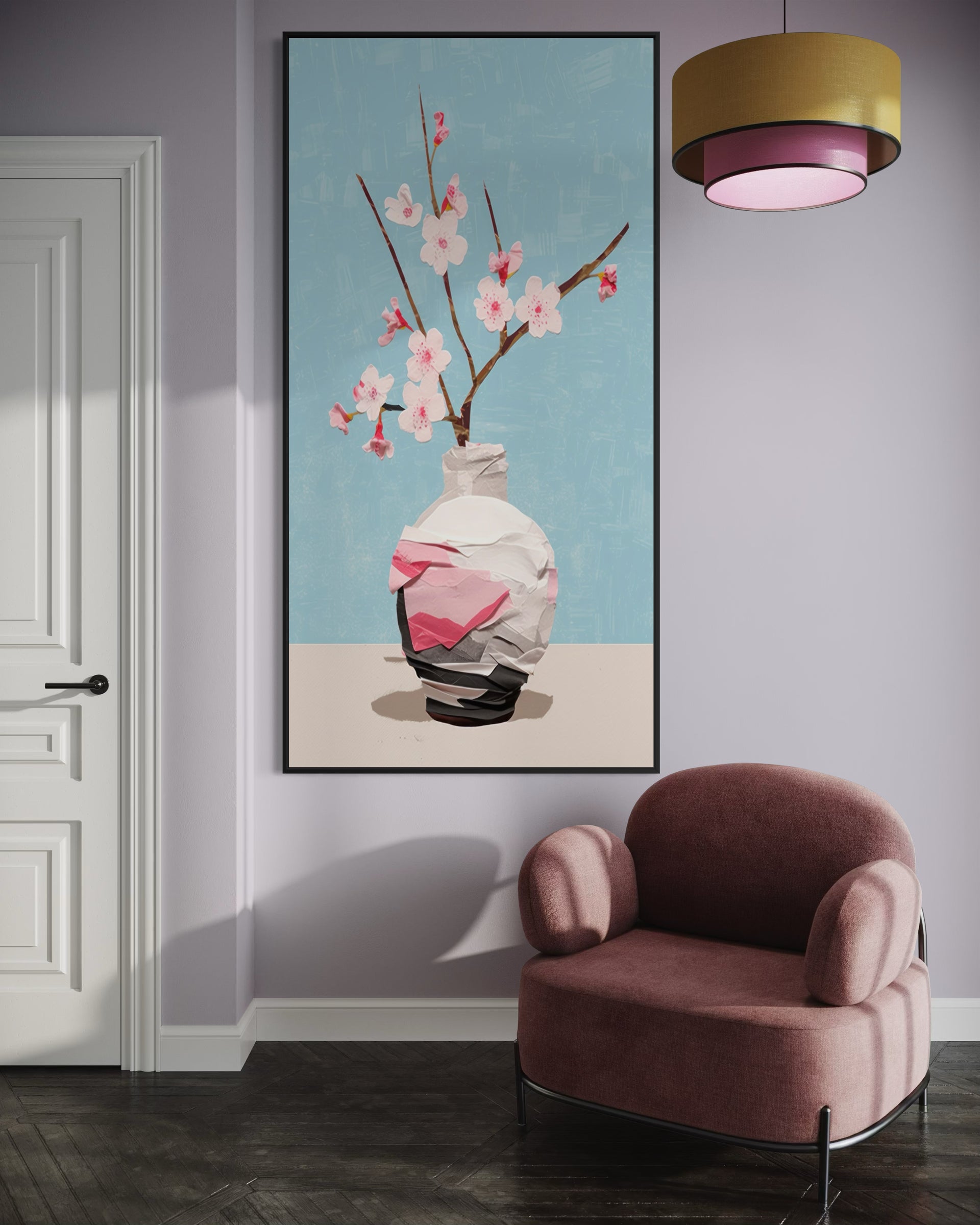 Sakura con cornice nera, ramo di ciliegio con fiori rosa e sfondo azzurro