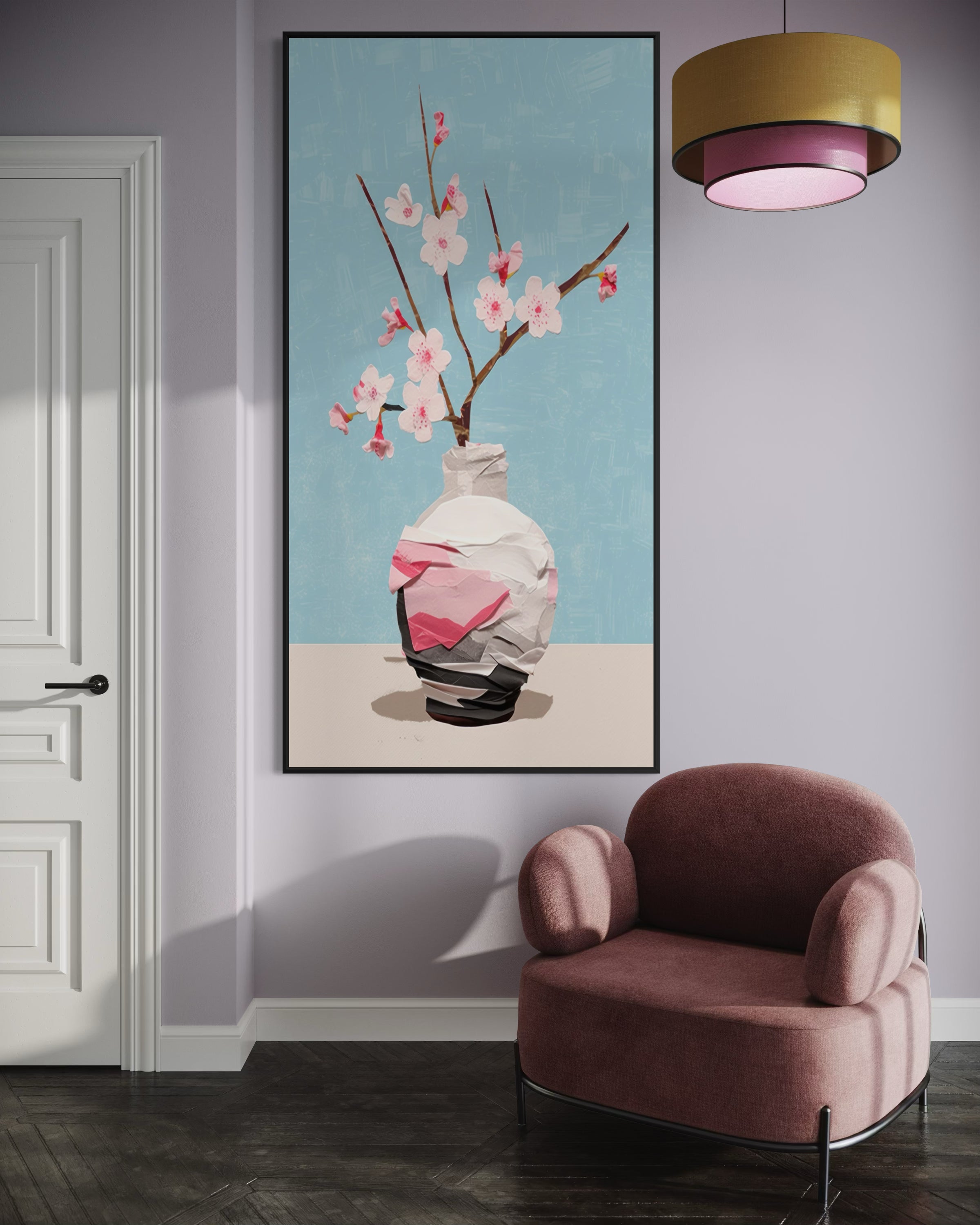 Sakura con cornice nera, ramo di ciliegio con fiori rosa e sfondo azzurro