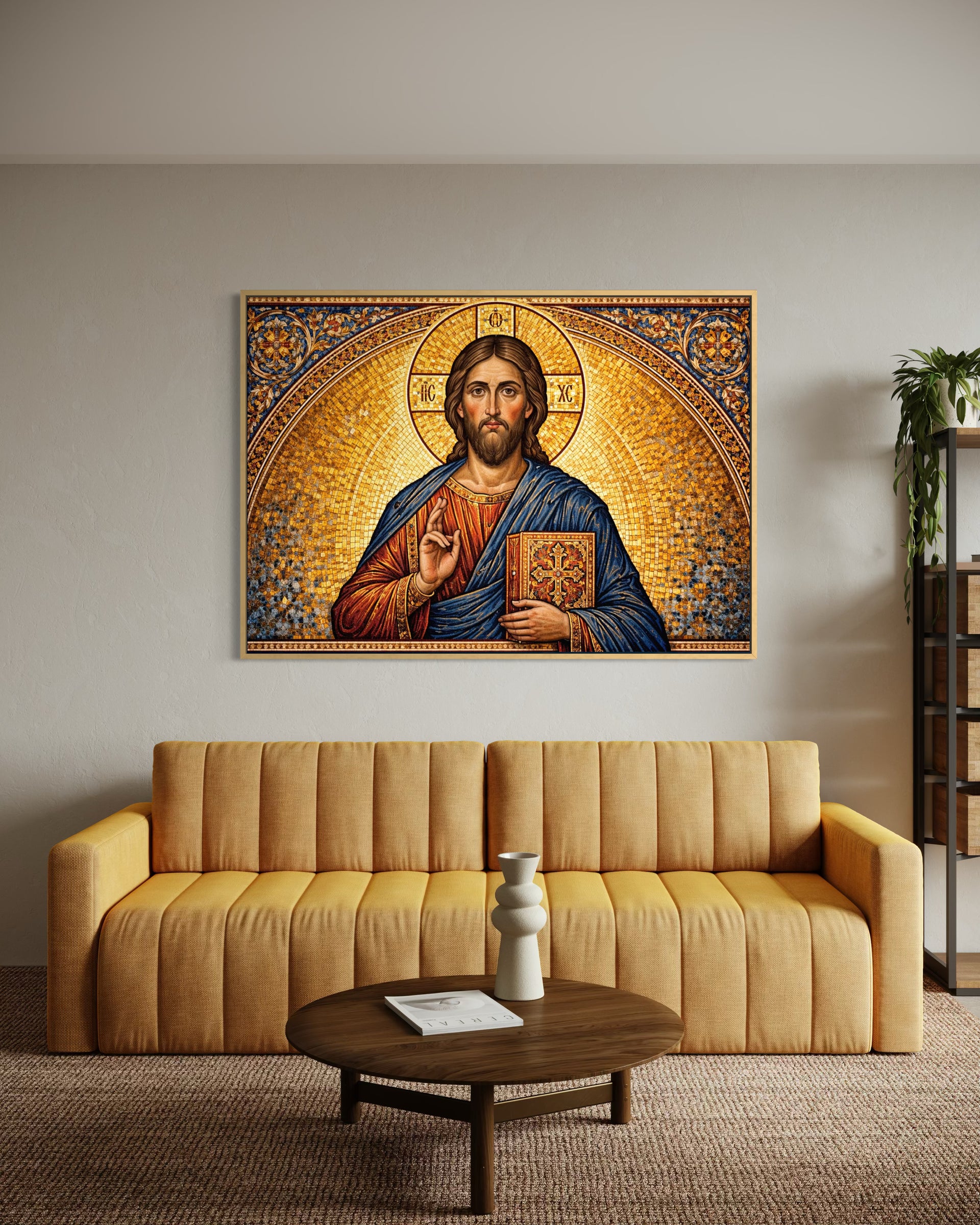 Quadro Fedeli incorniciato con mosaico di Cristo e aureola dorata