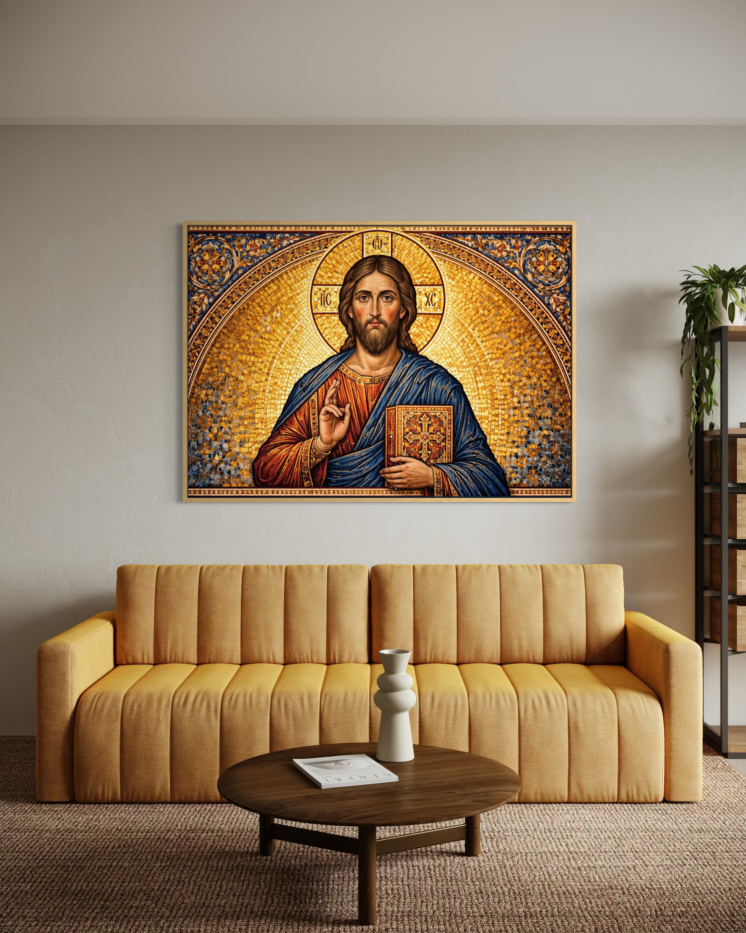 Quadro Fedeli incorniciato con mosaico di Cristo e aureola dorata