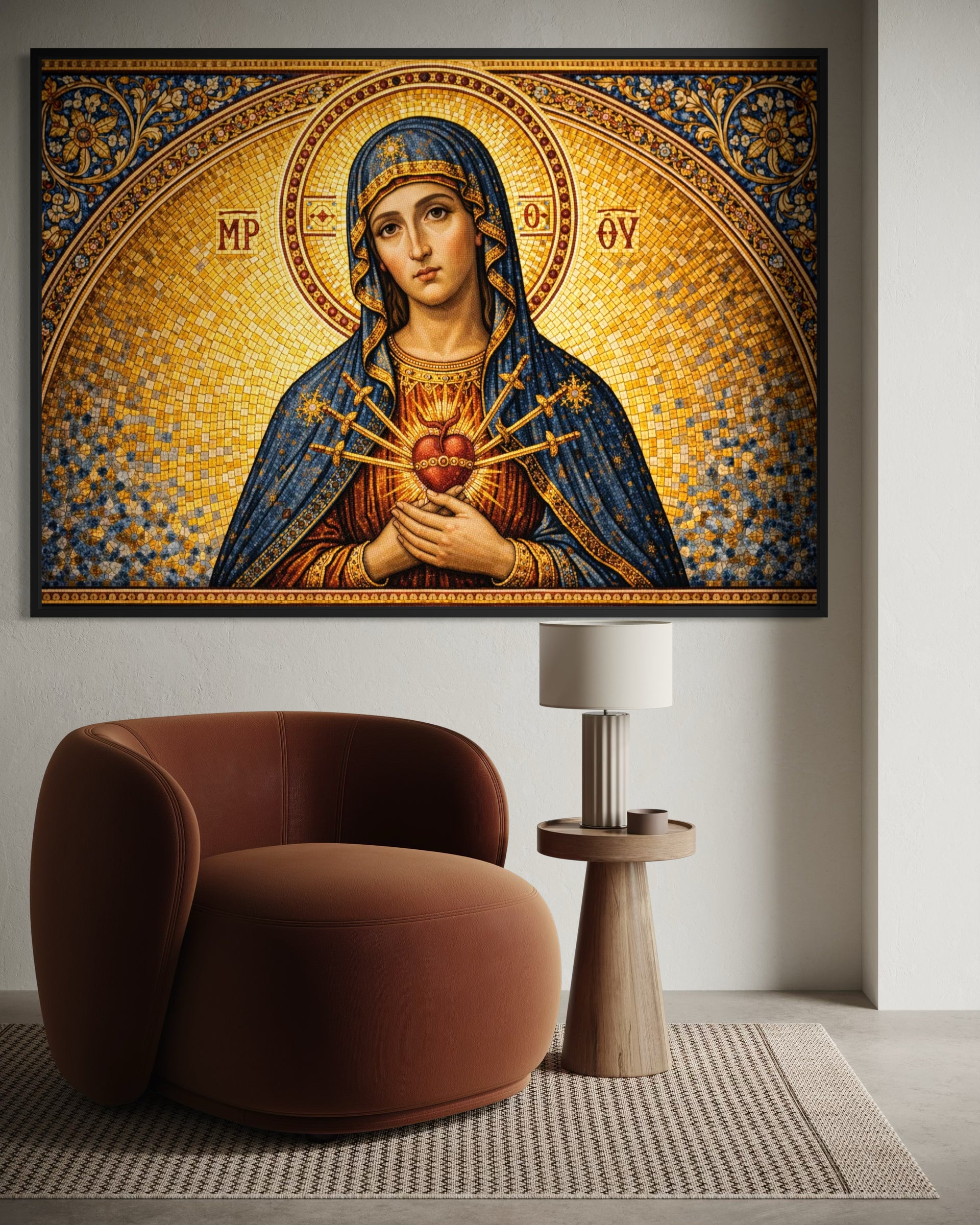 Fede: quadro con cornice nera, Madonna con velo blu e aureola dorata, cuore al petto