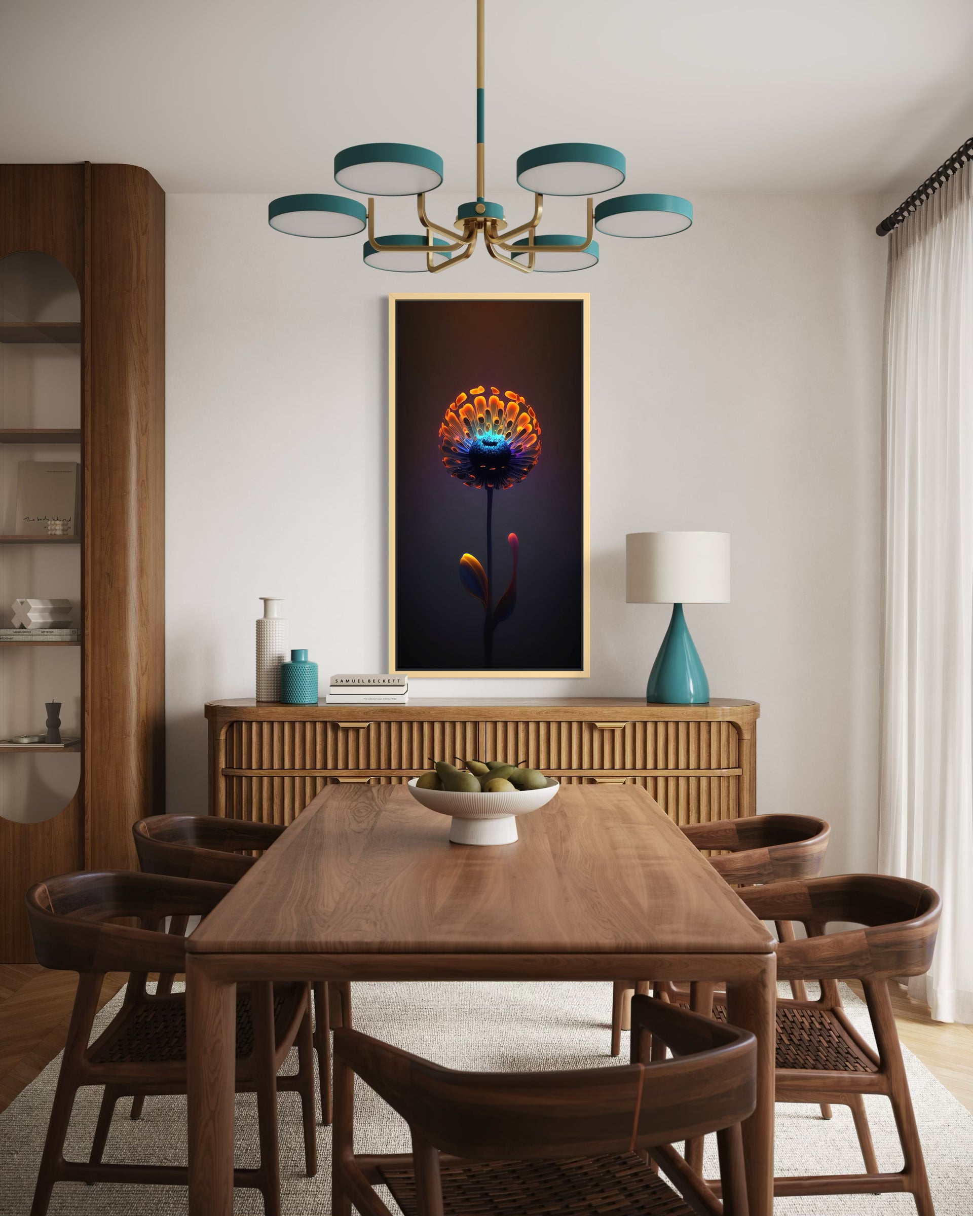 Finezza con cornice oro e stampa con fiore stilizzato su sfondo scuro