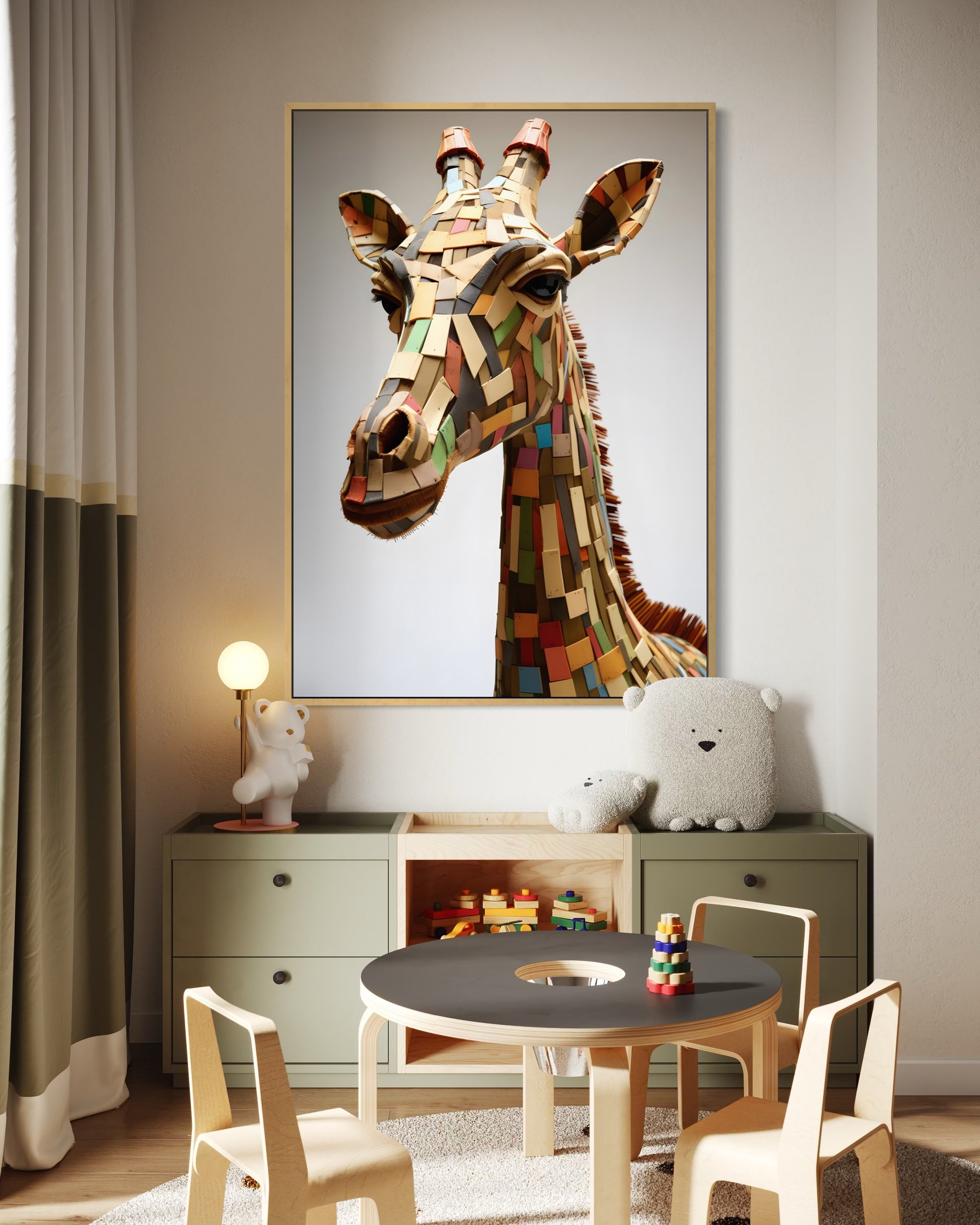 Giraffa in mosaico urbano multicolore, cornice chiara