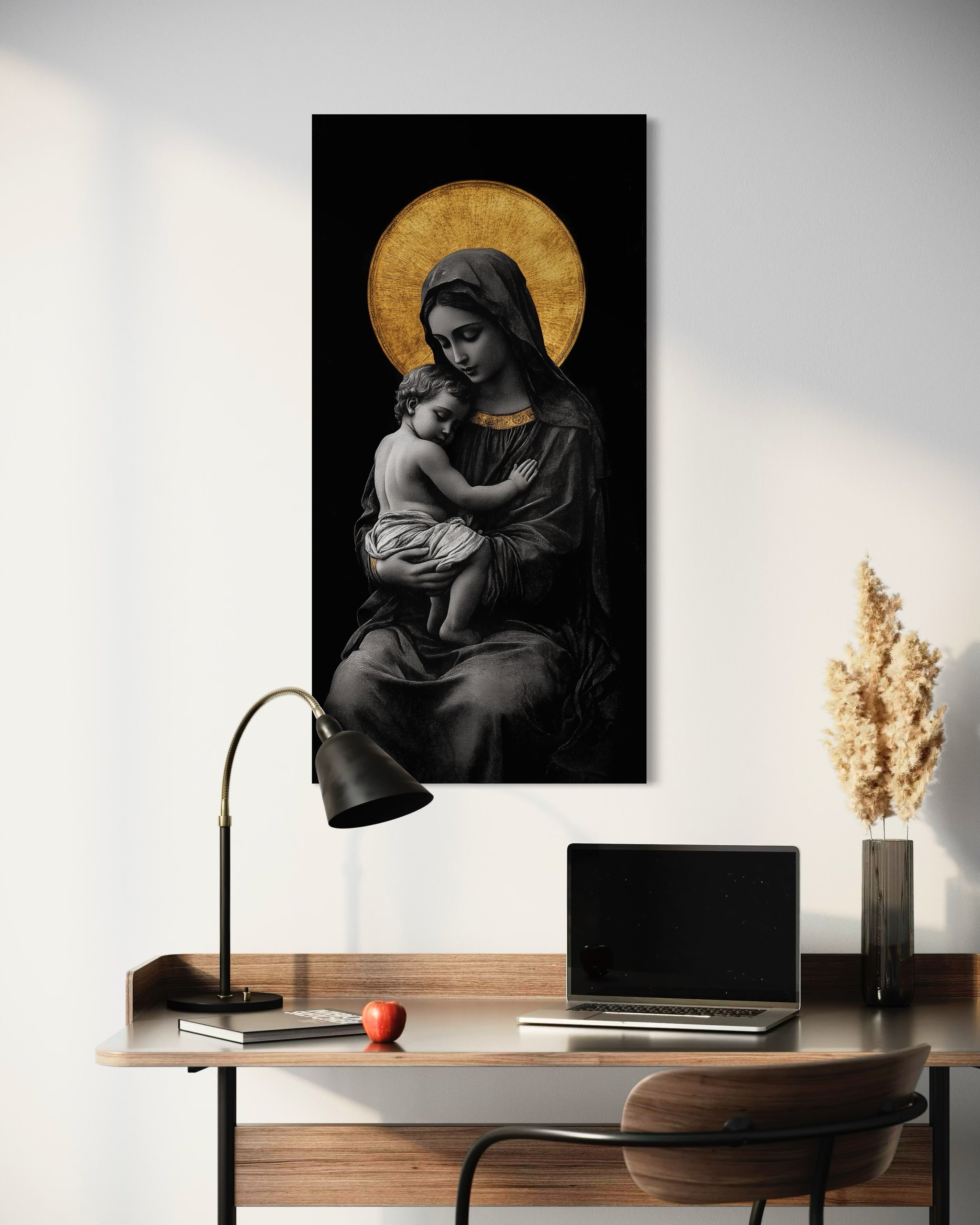 Madre di Cristo: stampa su tela nera con Maria e Bambino, aureola dorata.