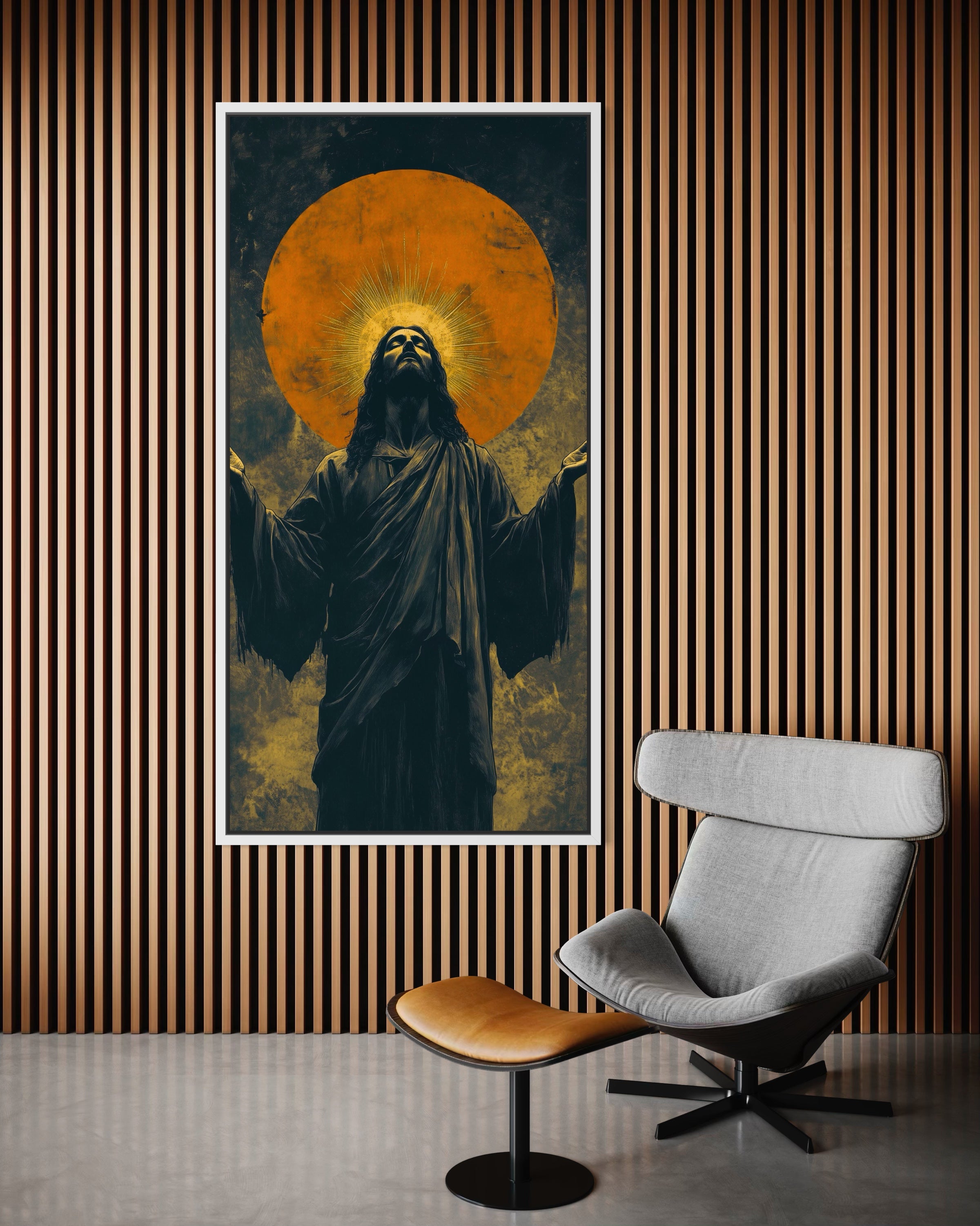 Pregando con cornice bianca, figura religiosa davanti a cerchio giallo