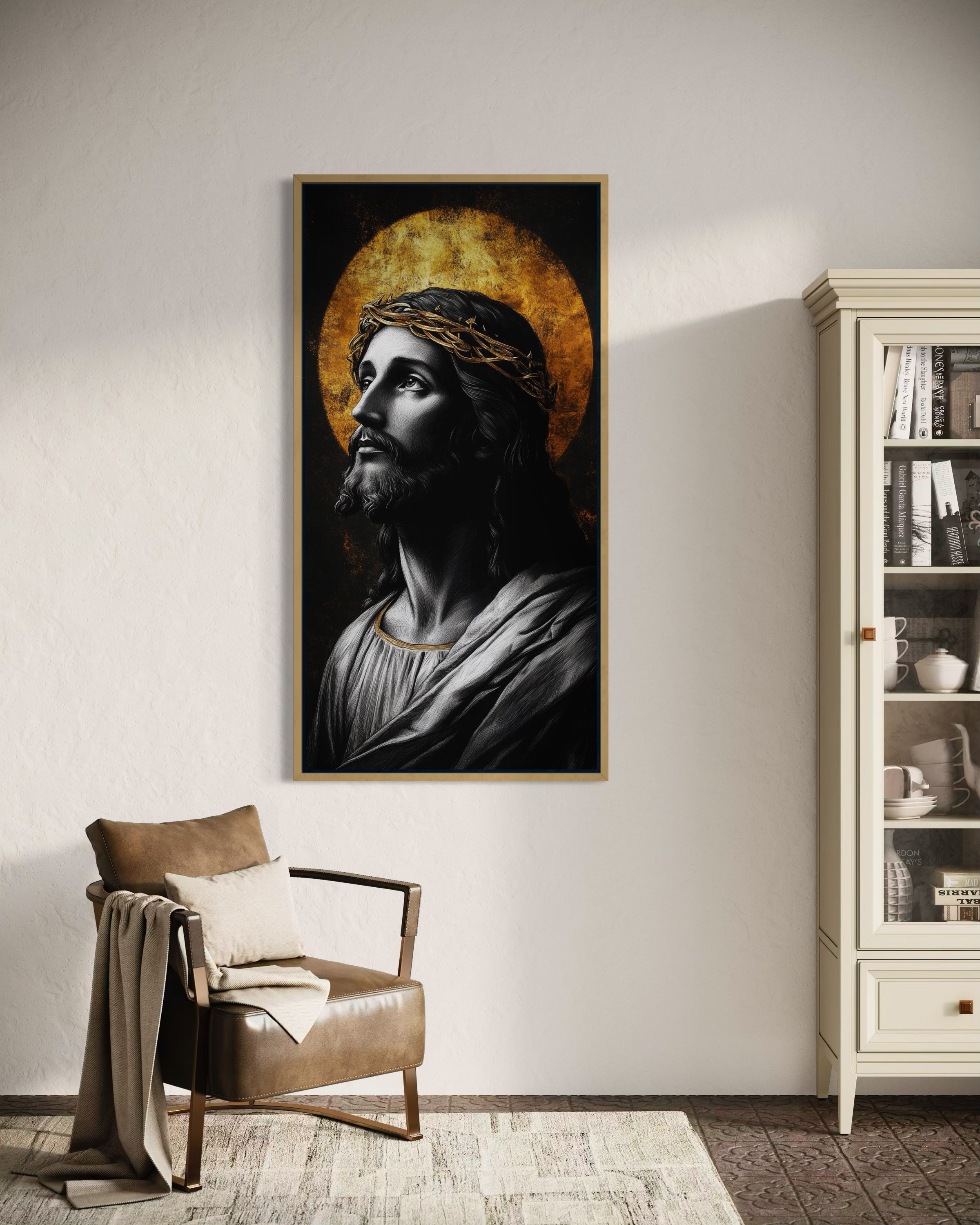 Amore per Cristo, quadro verticale con cornice dorata e ritratto in nero e oro