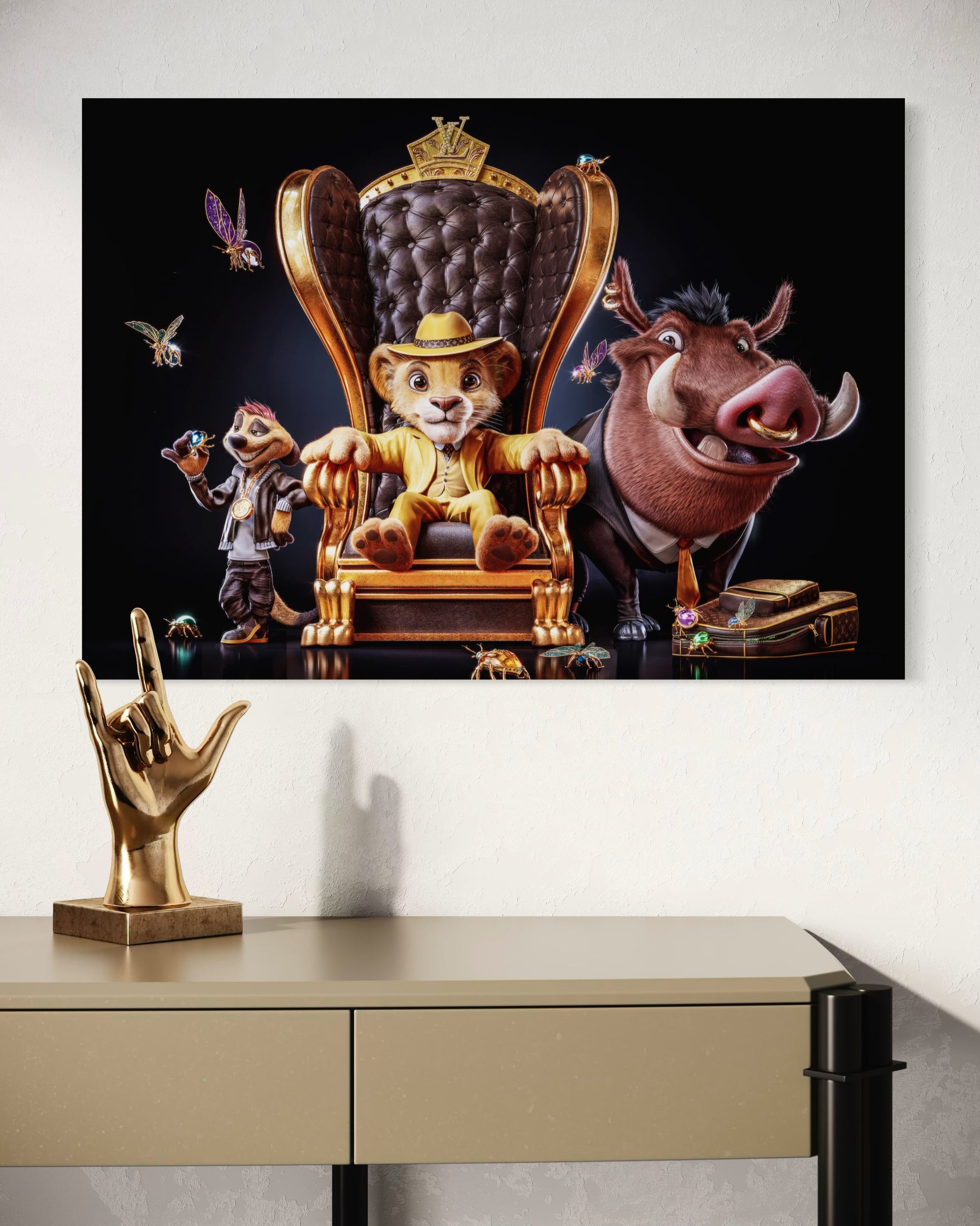 Little king: stampa con trono, corona e personaggi animali stilizzati