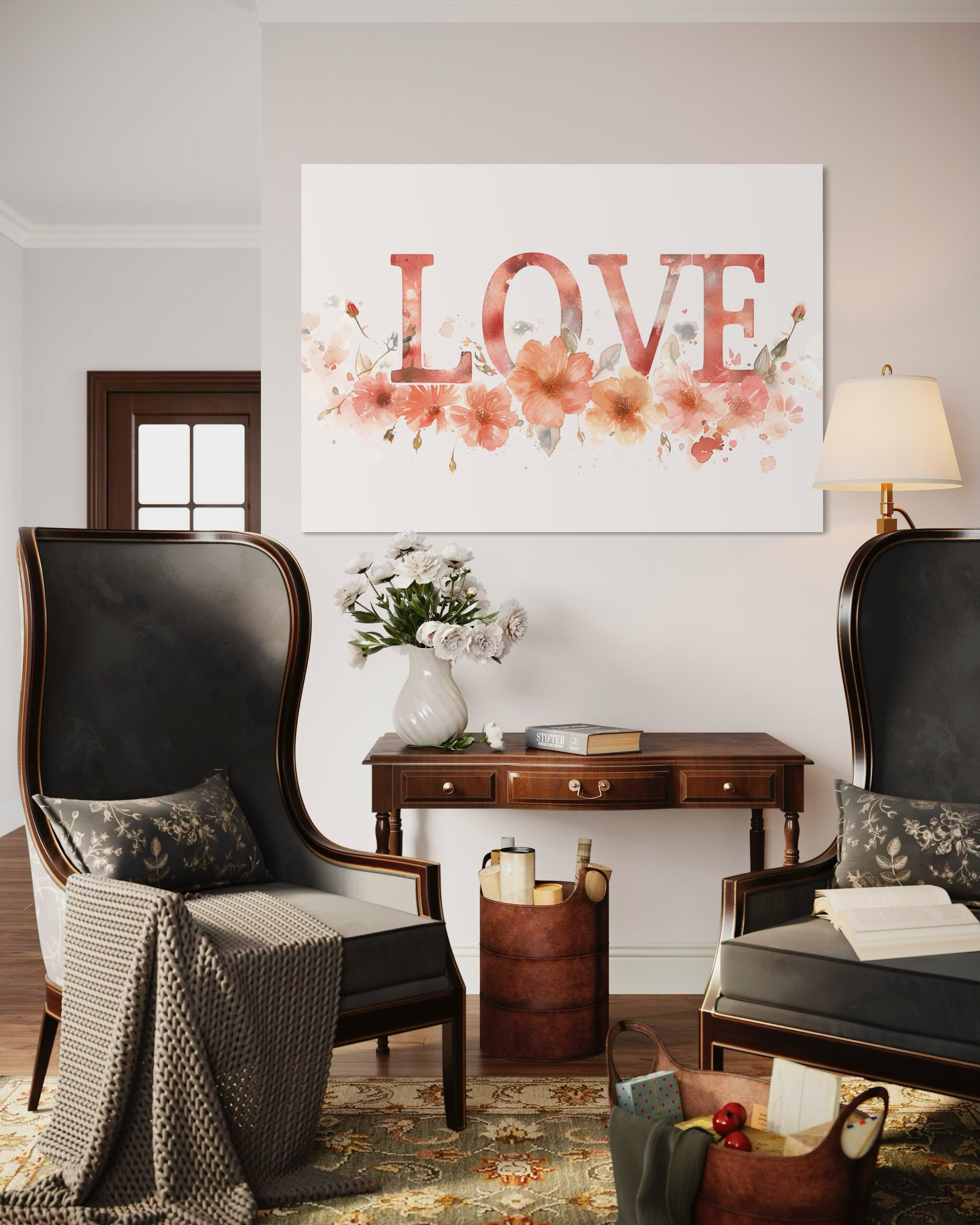 Stampa Love Family incorniciata con fiori rosa, telaio bianco