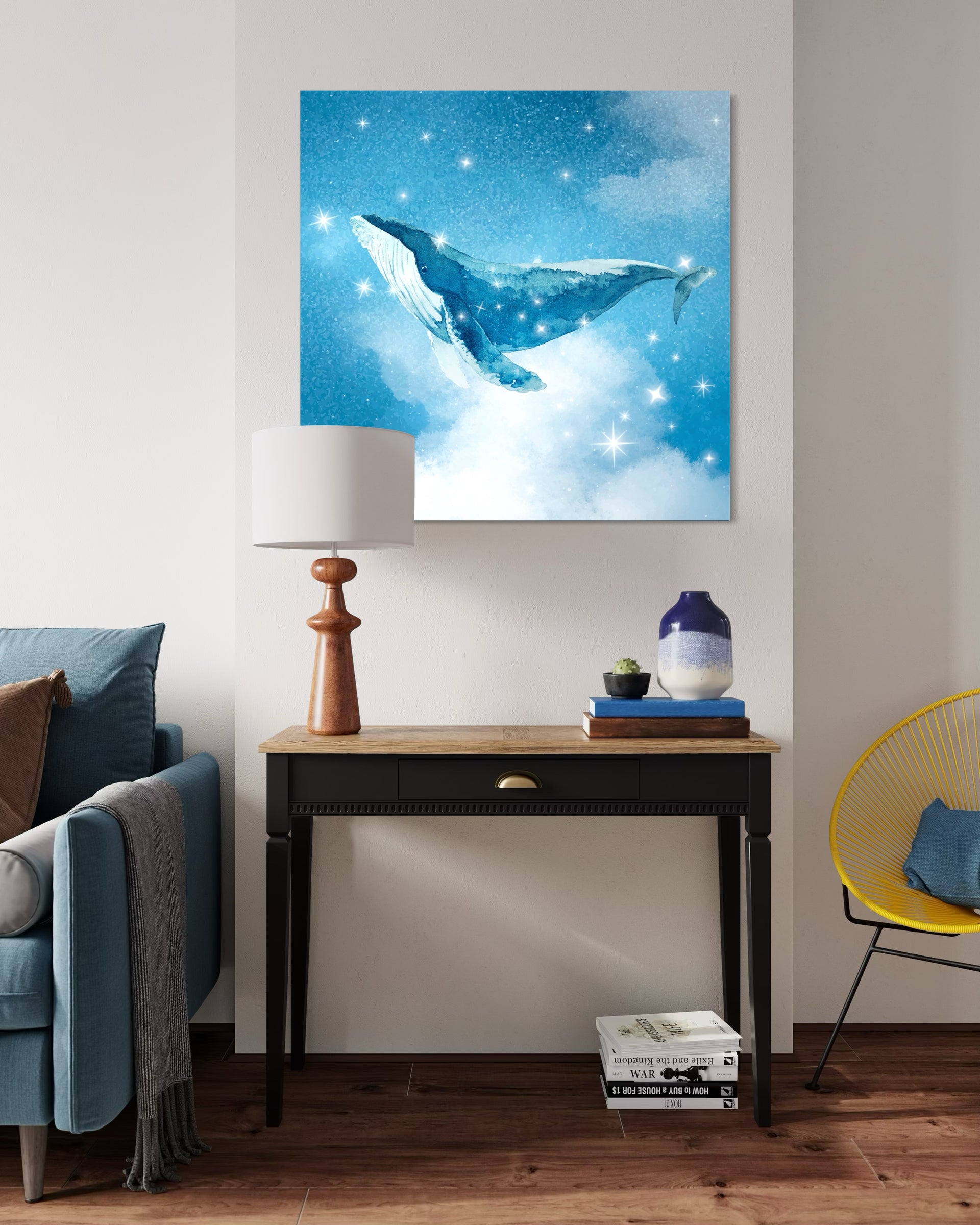 Bellezza marina: quadro con balene in acqua azzurra e stelle, cornice chiara